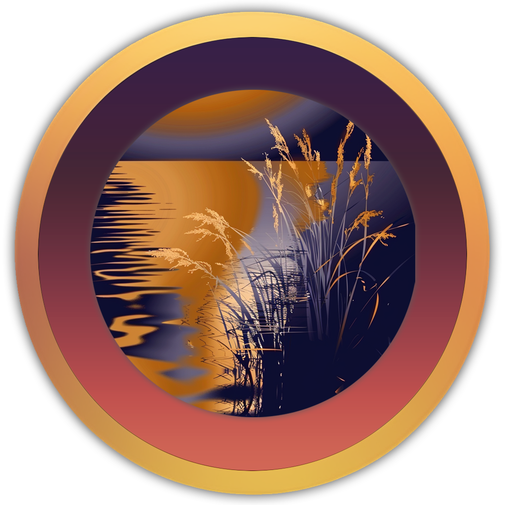 Gold circular icon featuring tall grasses swaying by a reflective lake at sunset, labelled 'Lake Ambience' on a deep purple background with subtle star accents