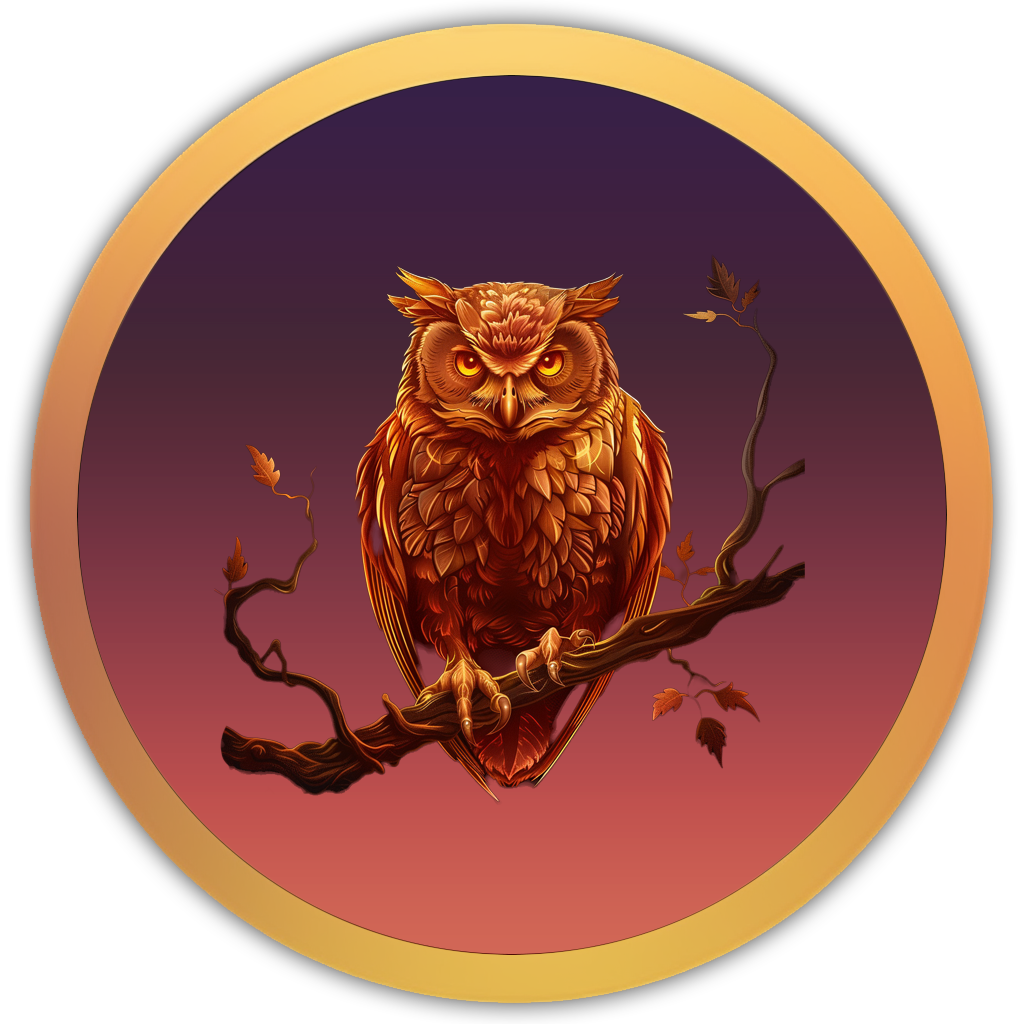 Icon of a wise owl perched at dusk, symbolising solitary night sounds in the forest