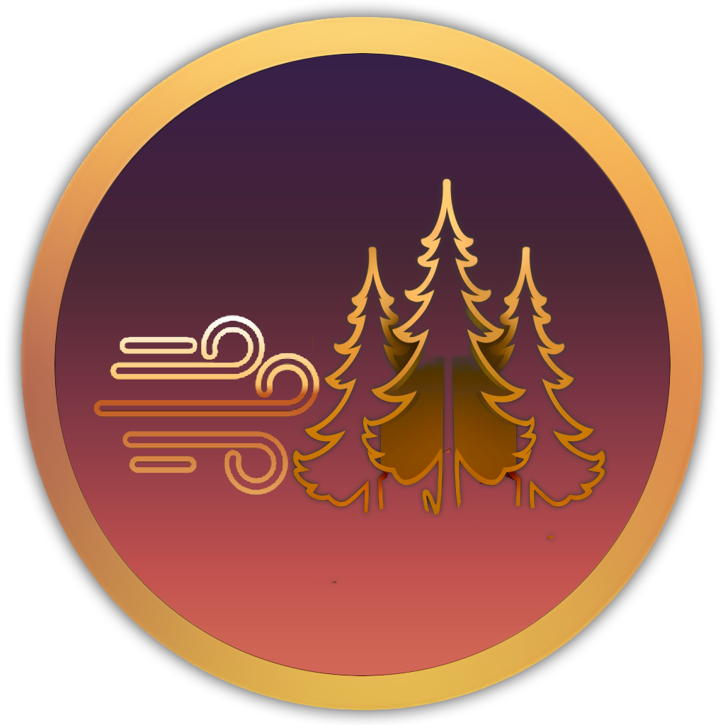 Gold circular icon featuring three evergreen trees with wind lines flowing beside them, labelled 'Forest Winds' on a deep purple background with subtle star accents