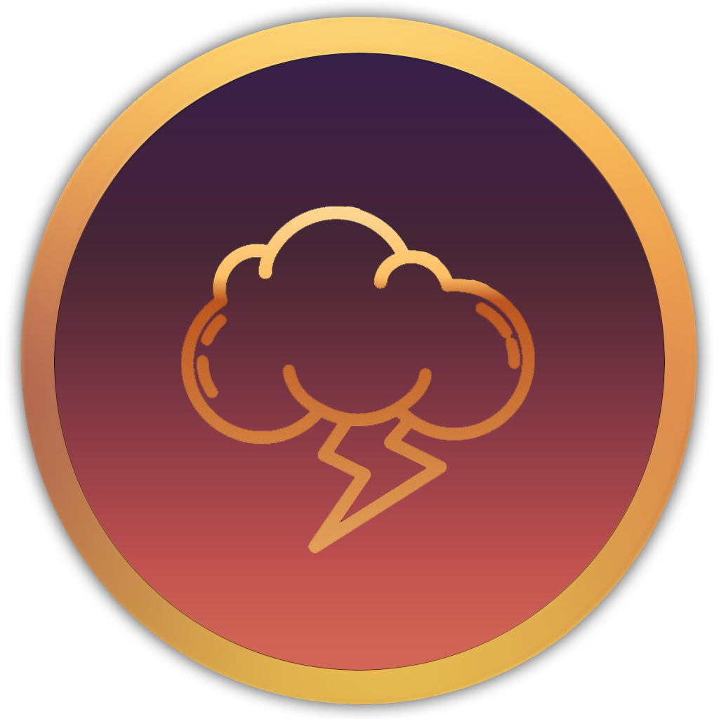 Gold circular icon depicting a cloud with a lightning bolt beneath, labelled 'Long Thunder' on a deep purple background with subtle star accents.