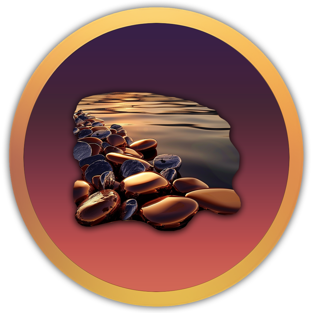 Icon of rounded pebbles with flowing water, representing soothing ripple sounds over rocks