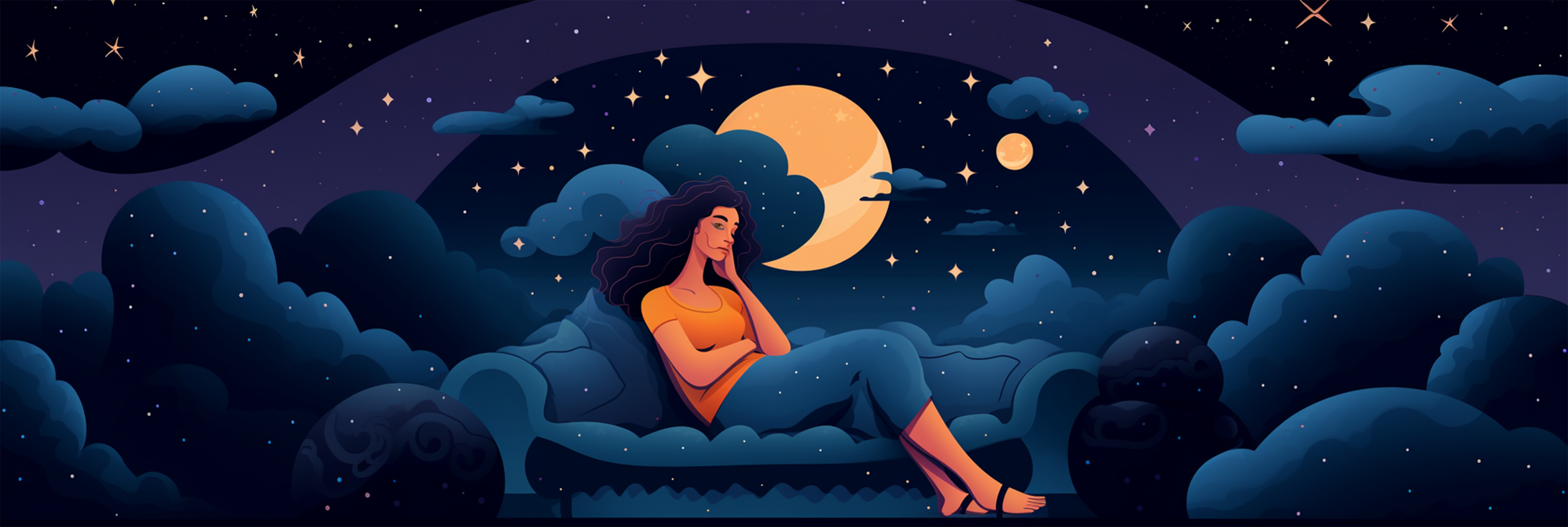 Illustration of a stressed woman seated on a dreamy blue sofa under a moonlit sky, surrounded by stars and clouds. The nighttime scene reflects introspection, sleeplessness and stress