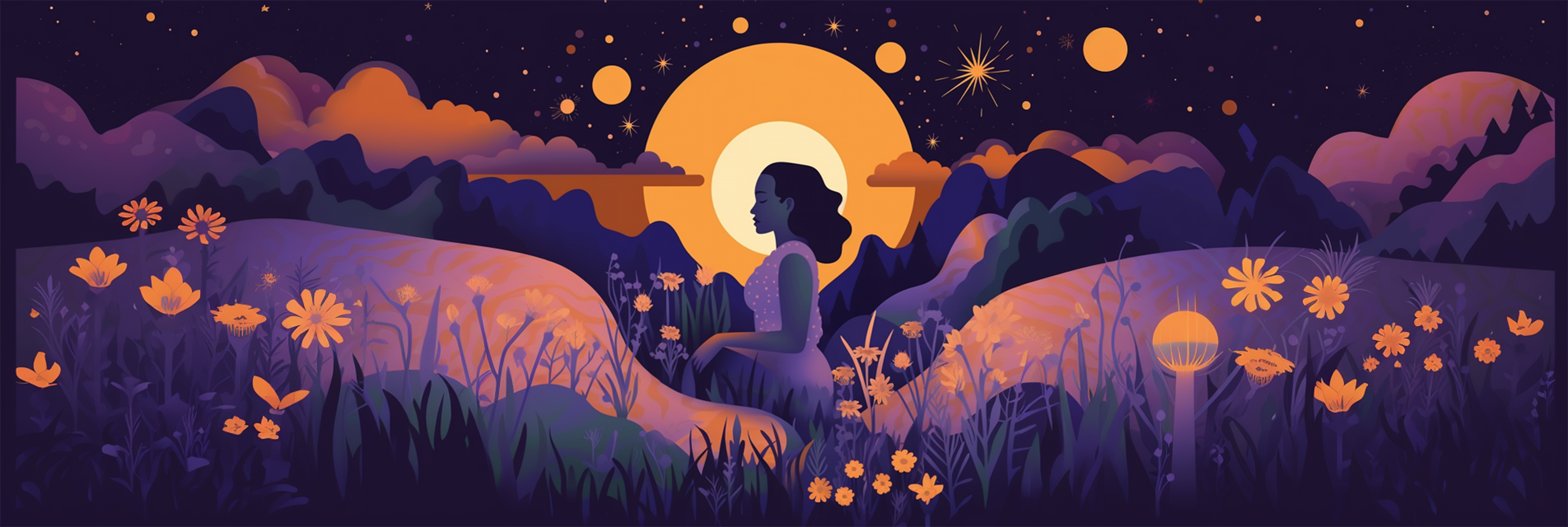 A  peaceful woman practicing mindfulness amidst a  meadow, surrounded by glowing wildflowers and silhouetted mountains beneath a starlit sky. A large glowing moon rises behind her, evoking stillness, inner calm and connection with nature.