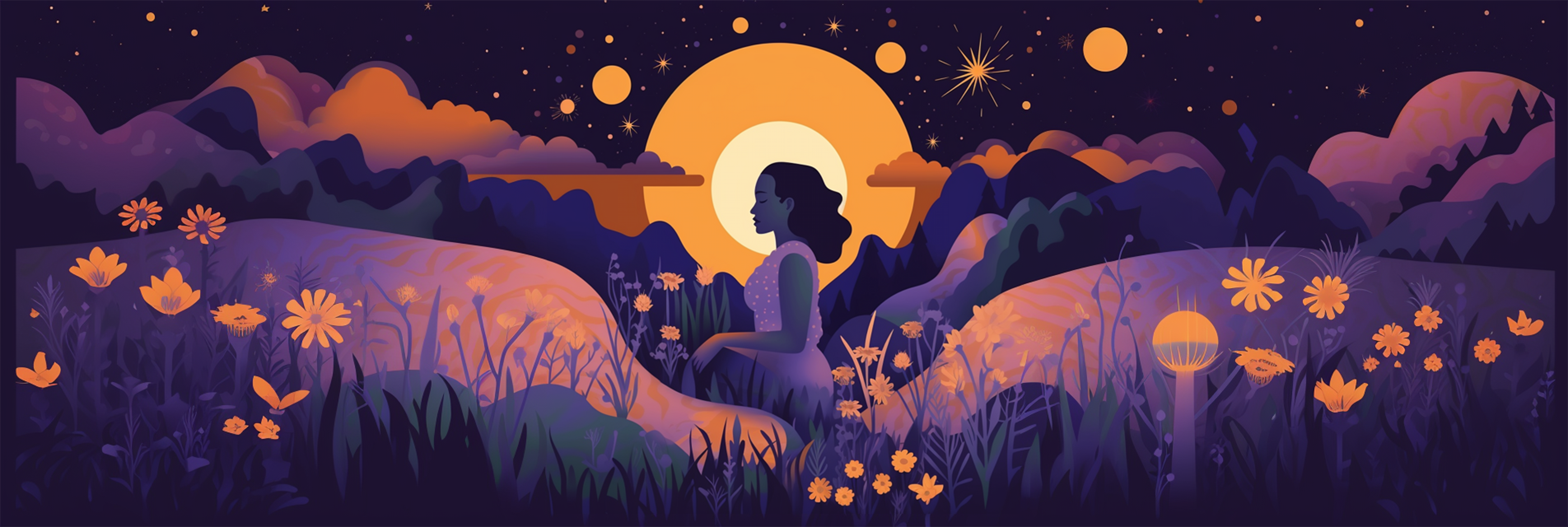 A  peaceful woman practicing mindfulness amidst a  meadow, surrounded by glowing wildflowers and silhouetted mountains beneath a starlit sky. A large glowing moon rises behind her, evoking stillness, inner calm and connection with nature.