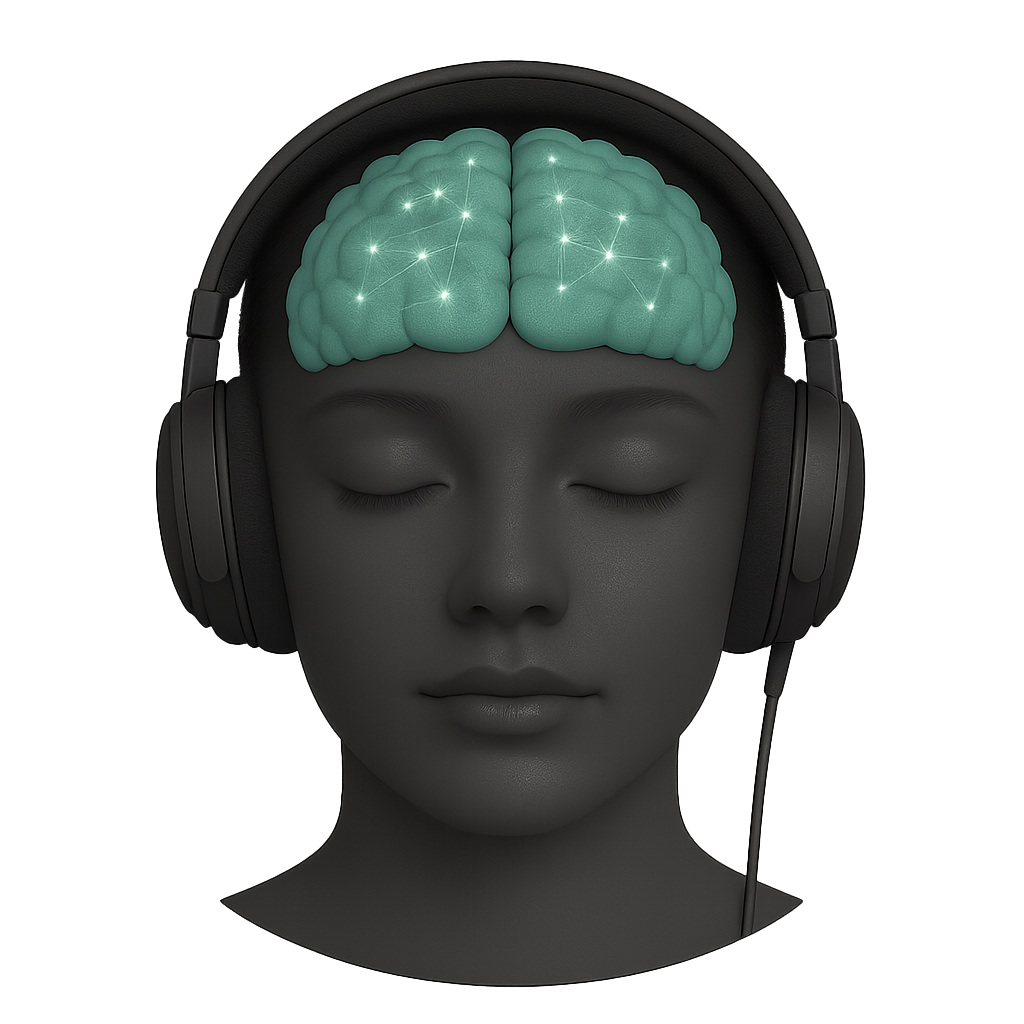 Calm, meditative figure wearing headphones, with a softly illuminated brain emitting tranquil, green neural waves, symbolising the ultra-fast, transcendental state of Lambda Frequencies associated with heightened spiritual insight, deep meditation, and expanded consciousness