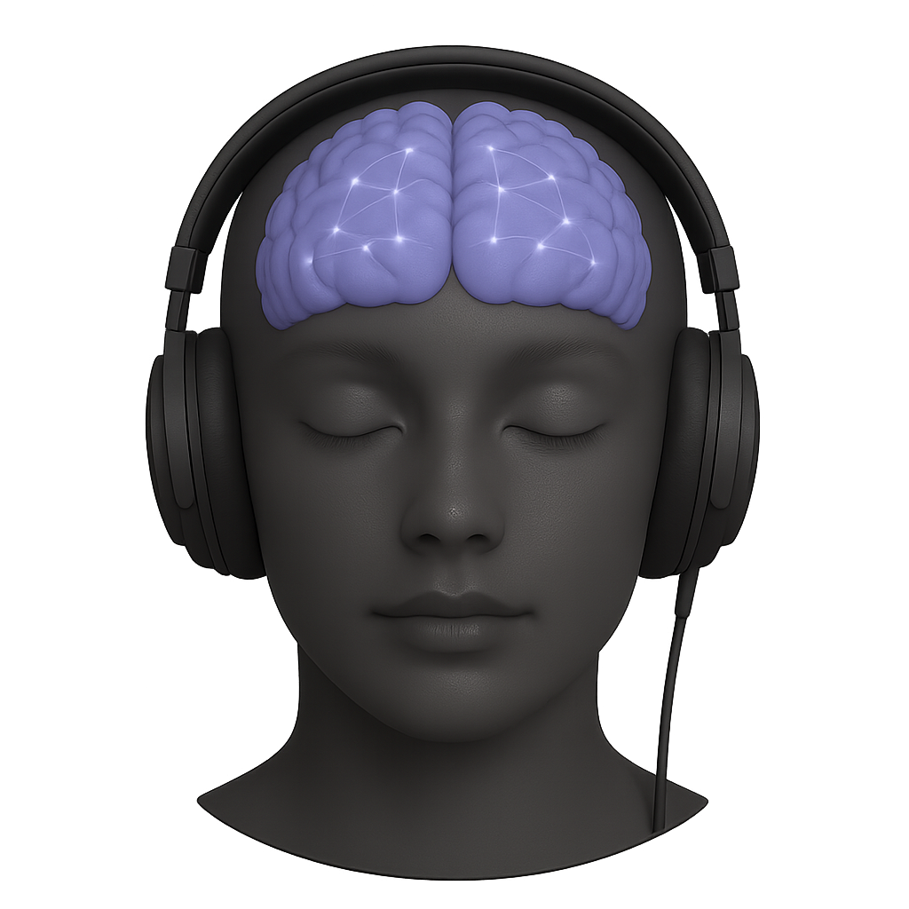 Calm, meditative figure wearing headphones, with a softly illuminated brain emitting subtle, violet neural waves, symbolising the heightened, synchronised state of Gamma Frequencies associated with peak focus, cognitive processing, and expanded awareness
