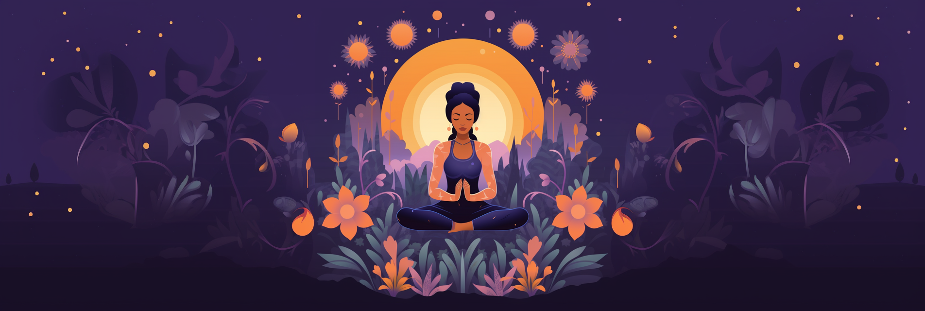 Illustration of a peaceful woman meditating in lotus pose, surrounded by glowing flowers and soft plant life beneath a radiant sun or moon. The twilight sky sparkles with warm orbs and stars, creating a dreamy atmosphere of balance, healing, and inner peace.