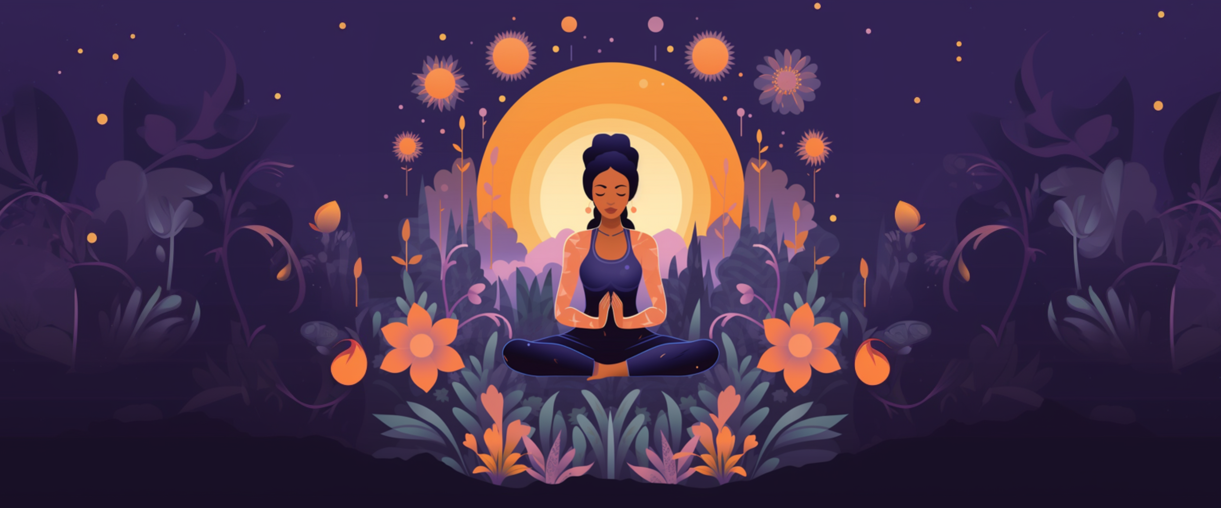 Illustration of a peaceful woman meditating in lotus pose, surrounded by glowing flowers and soft plant life beneath a radiant sun or moon. The twilight sky sparkles with warm orbs and stars, creating a dreamy atmosphere of balance, healing, and inner peace.