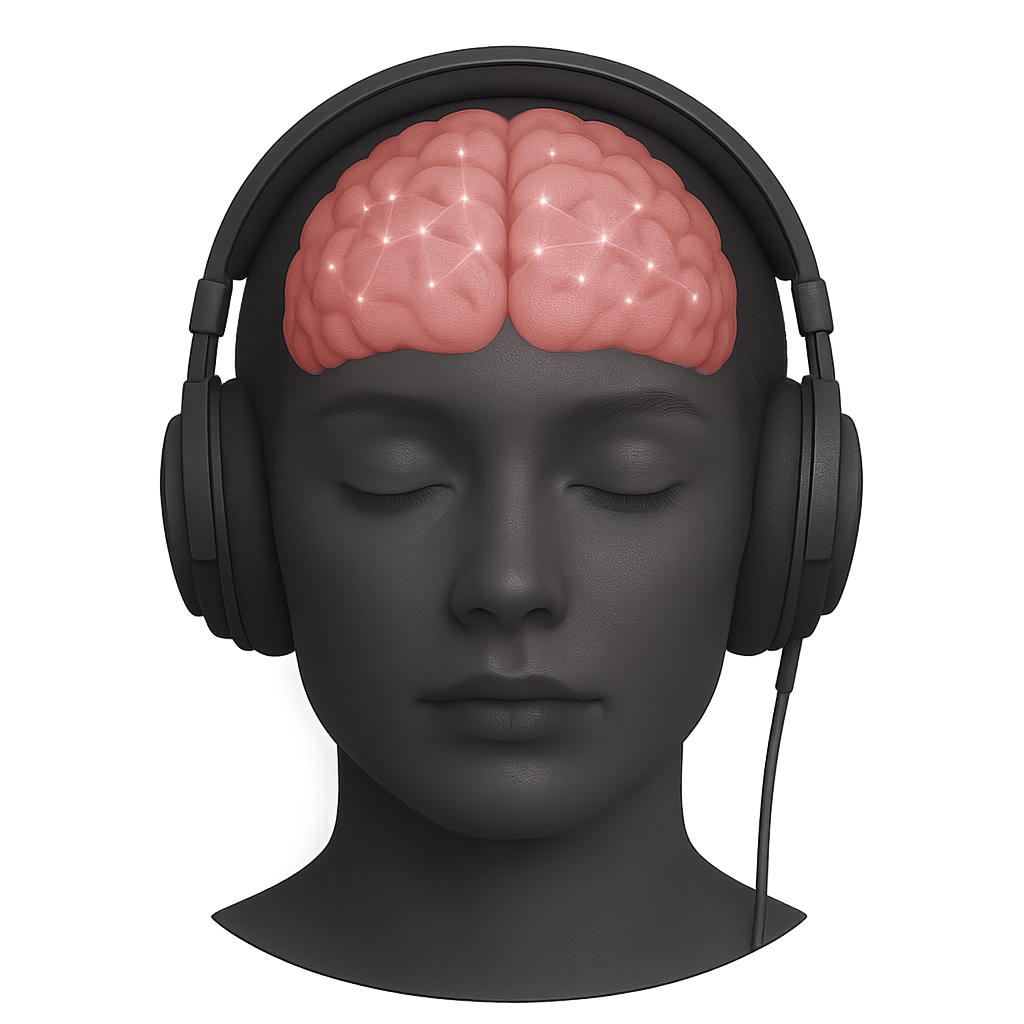 Calm, meditative figure wearing headphones, with a softly illuminated brain emitting gentle, warm neural waves, symbolising the relaxed yet alert state of Alpha Frequencies associated with calm focus, creativity, and present moment awareness