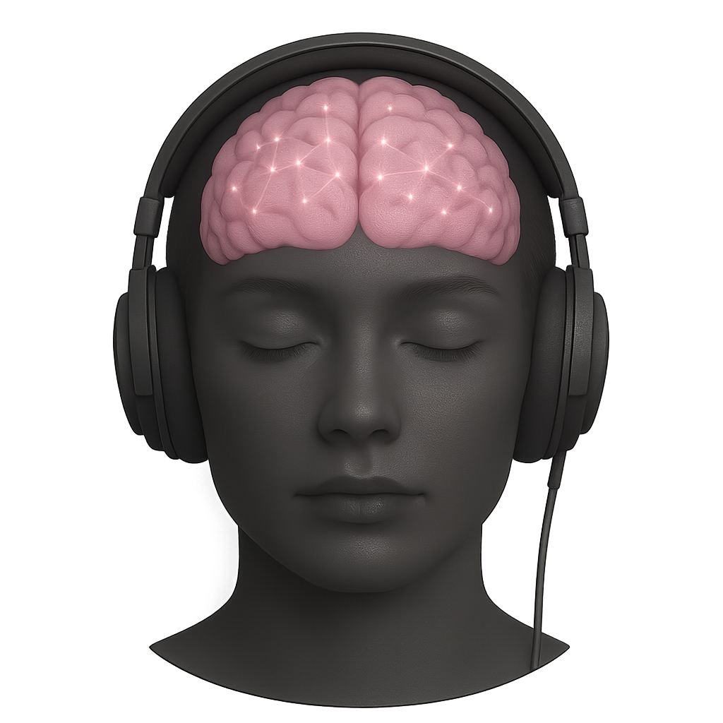 Calm, meditative figure wearing headphones, with a softly illuminated brain emitting gentle, interconnected neural waves, symbolising the slow, restorative Delta Frequencies associated with deep sleep, healing, and subconscious processing