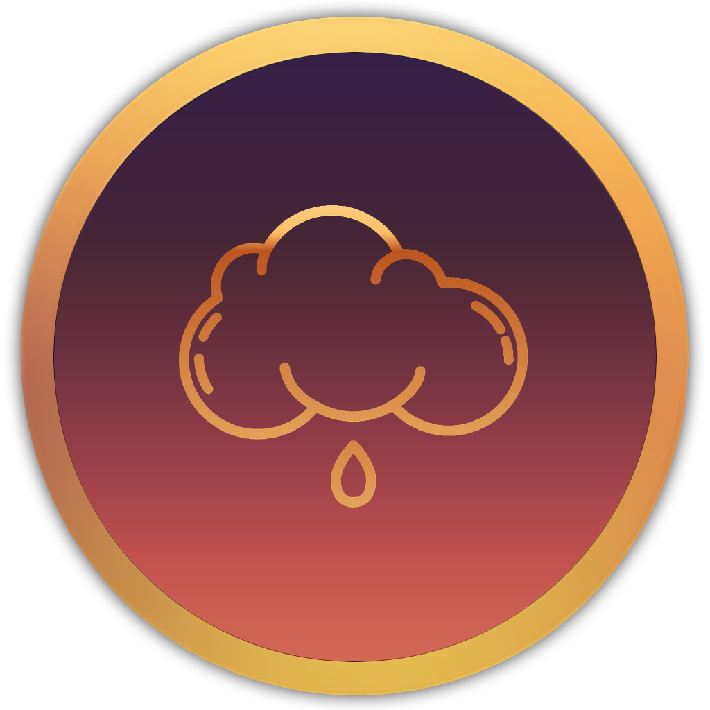 Gold circular icon depicting a cloud with a single raindrop, labelled 'Light Rain' on a deep purple background with small star accents