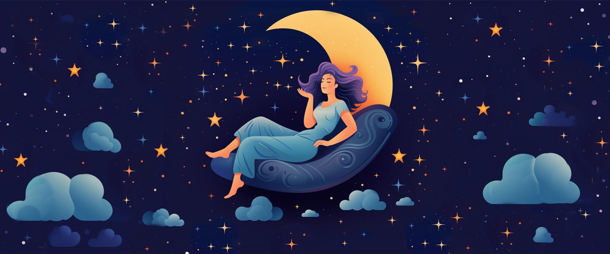 Illustration of a serene woman in a flowing blue dress peacefully reclining on a crescent moon, surrounded by dreamy clouds and glowing stars in a twilight sky - representing calm, sleep, and deep relaxation.
