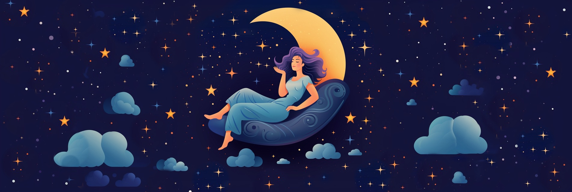 Illustration of a serene woman in a flowing blue dress peacefully reclining on a crescent moon, surrounded by dreamy clouds and glowing stars in a twilight sky - representing calm, sleep, and deep relaxation.