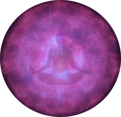 Luminous violet sphere with a serene, meditative figure surrounded by ethereal clouds, symbolising spiritual awakening, higher consciousness, and universal connection