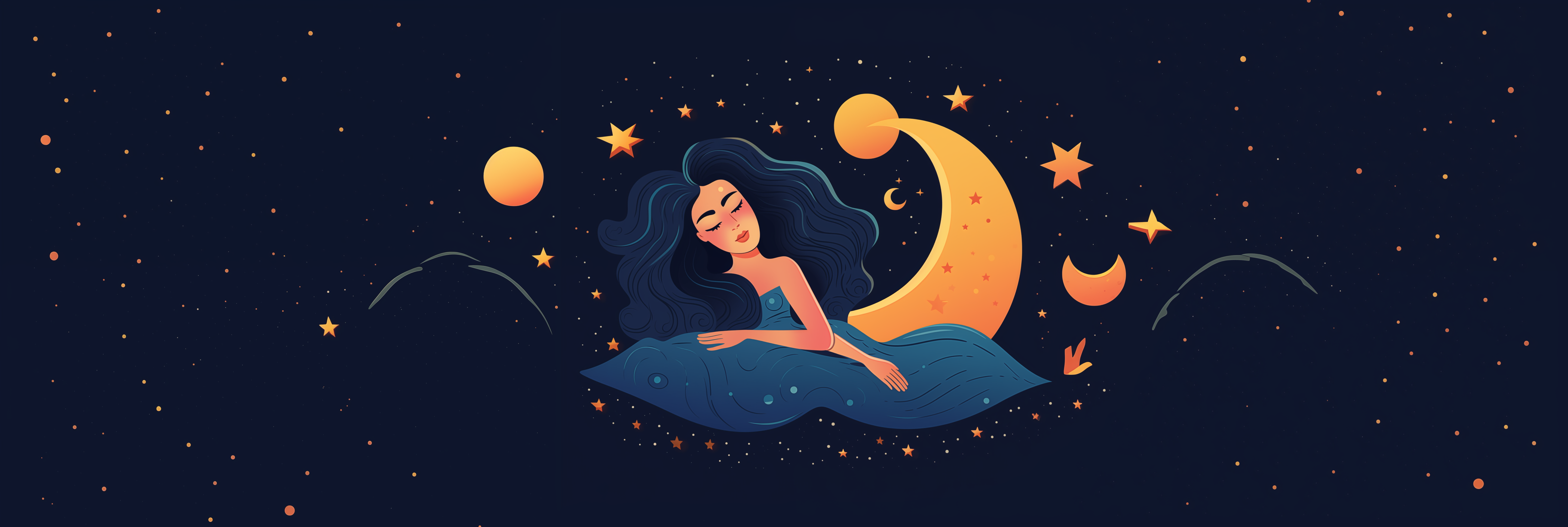 Illustration of a peaceful woman sleeping on a pillow beneath a crescent moon and stars, symbolising deep sleep, calm, and relaxation - perfect for a sound healing and mindfulness platform like Mindspace.