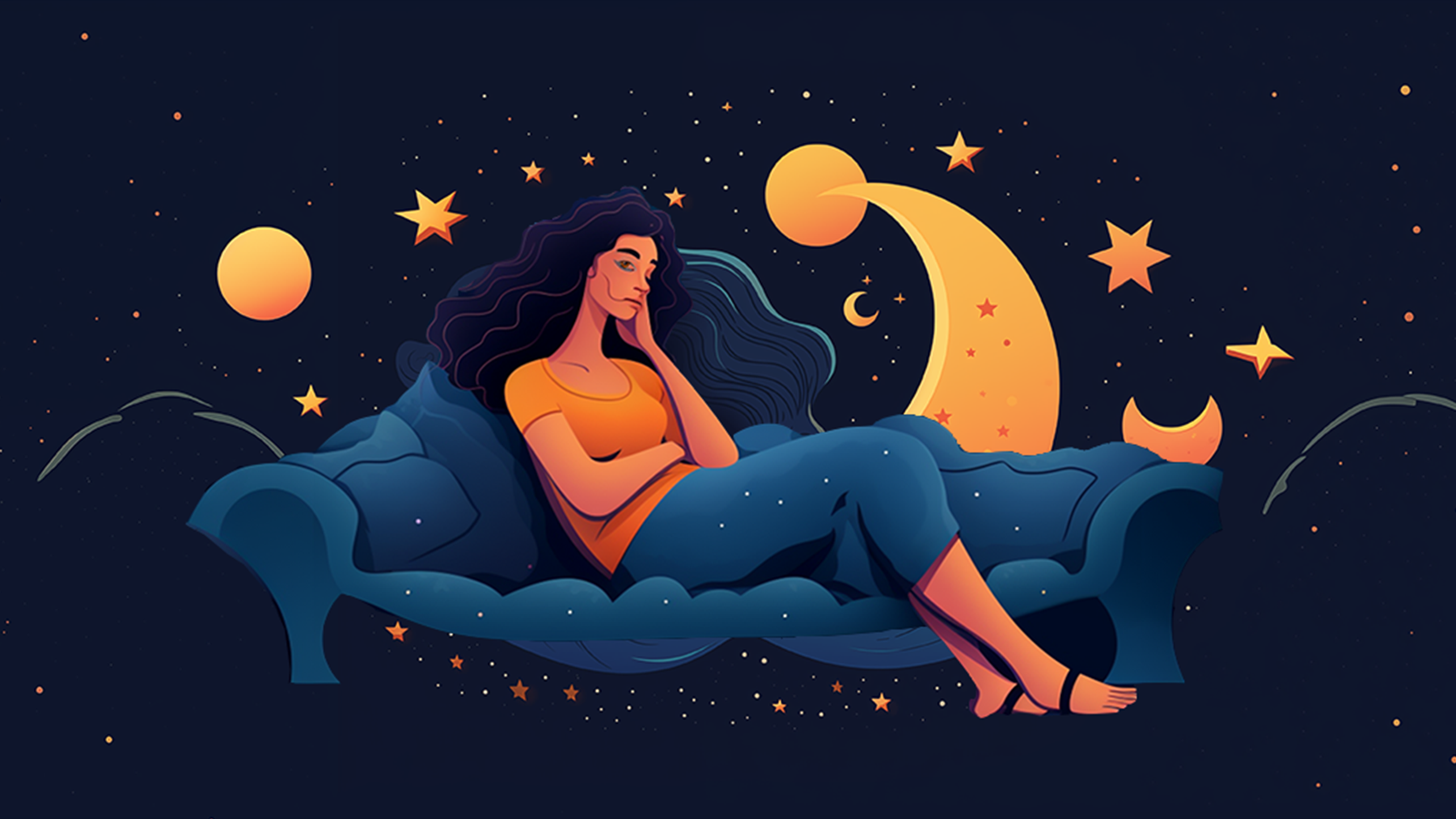 Illustration of a woman sitting on a deep blue couch under a starlit sky, looking pensive and emotionally overwhelmed. Surrounded by glowing stars and crescent moons, the scene gently reflects nighttime stress, mental fatigue and the quiet longing for peace and stress relief.