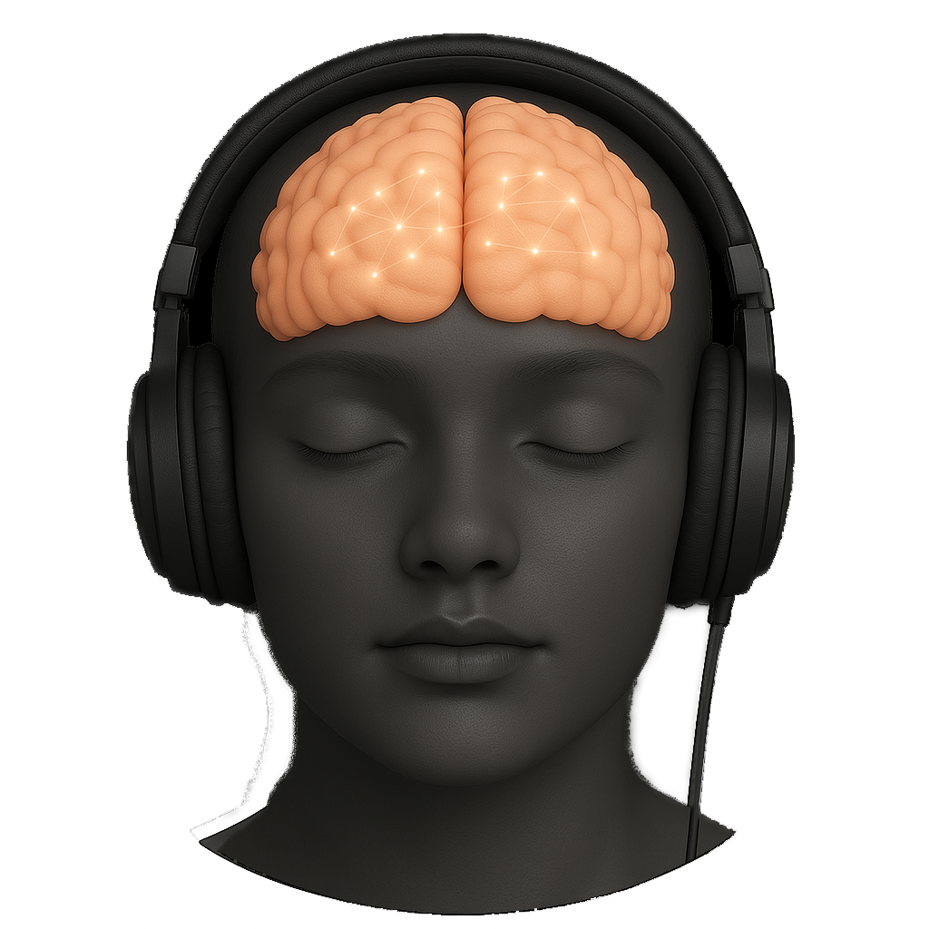 Calm, meditative figure wearing headphones, with a softly illuminated brain emitting warm, golden neural waves, symbolising the dream-like Theta Frequencies associated with deep relaxation, creativity, and subconscious exploration