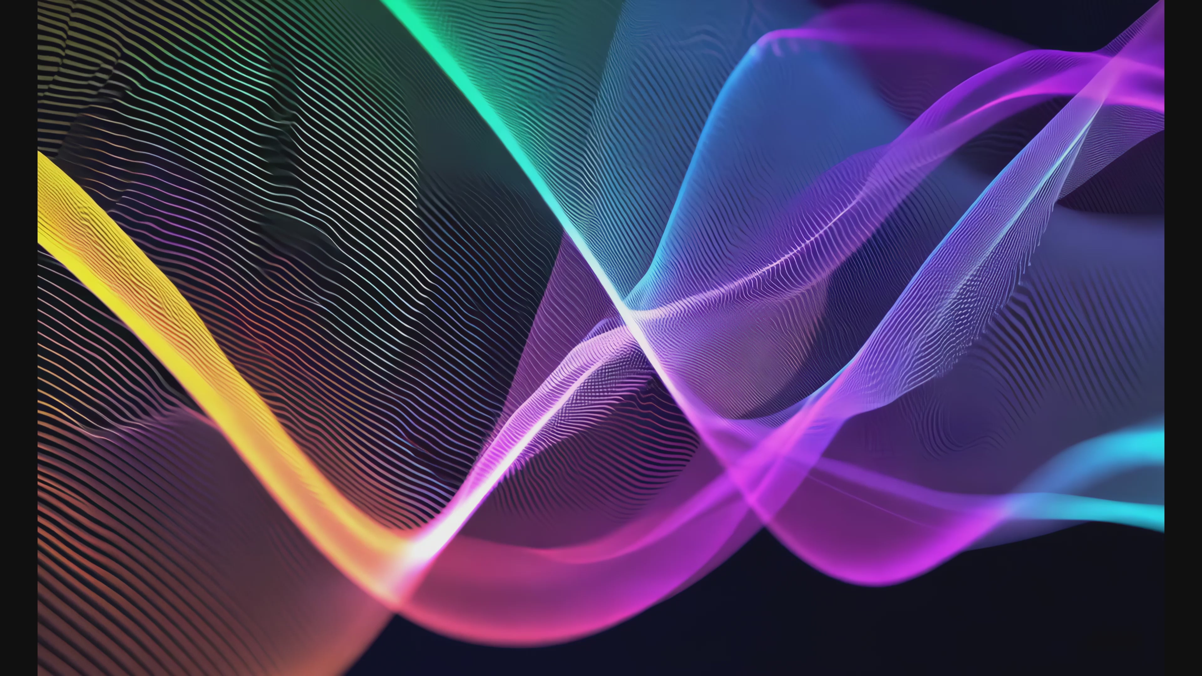 Load video: Dynamic, multicoloured waveform flowing across a dark background, with vibrant hues of yellow, purple, blue, and teal. Represents the interconnected rhythm of sound frequencies, conveying a sense of movement, harmony, and ethereal calm