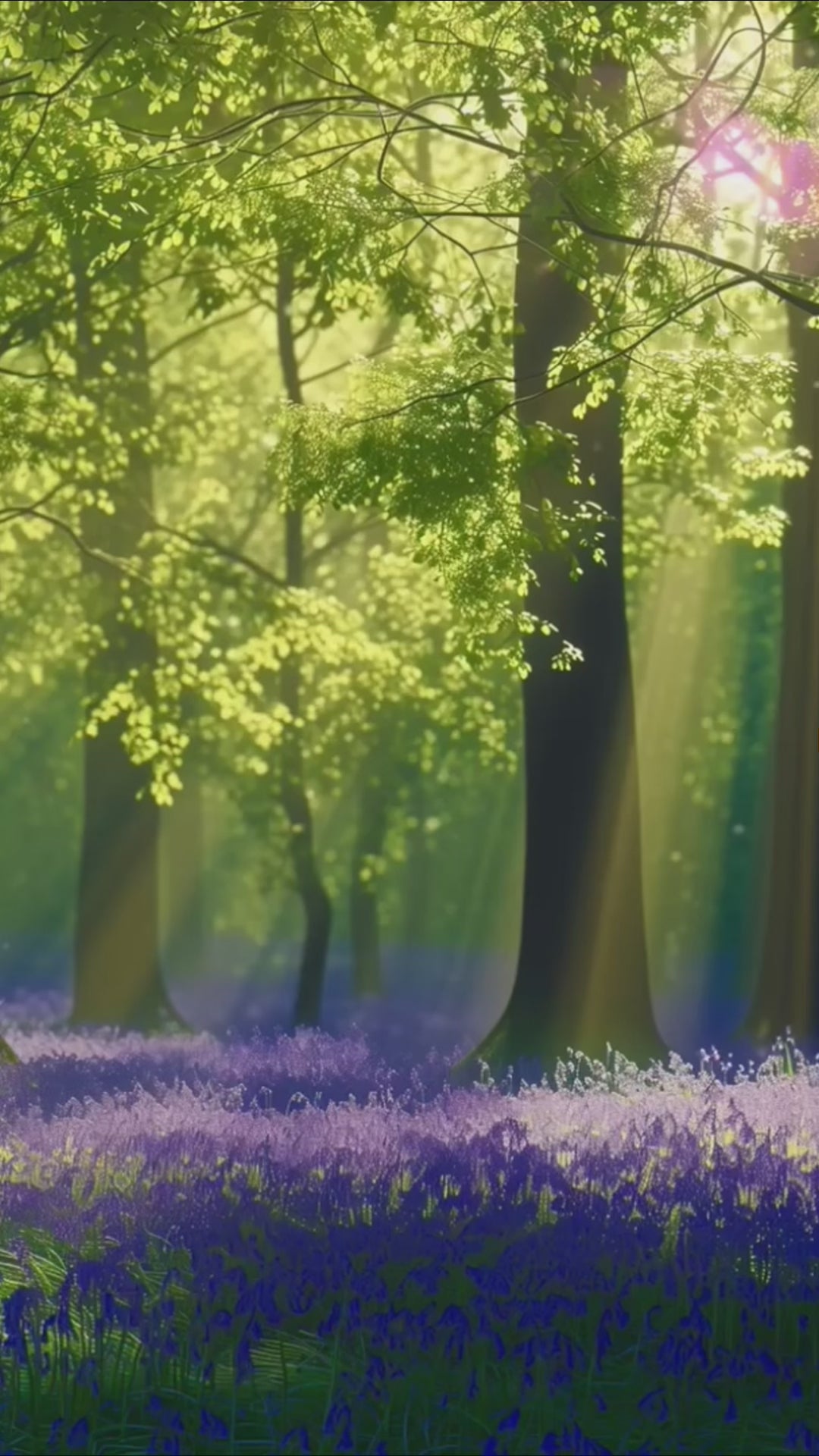 Load video: Sunlight streams through tall woodland trees onto a forest floor blanketed with blooming bluebells. Music for Springtime