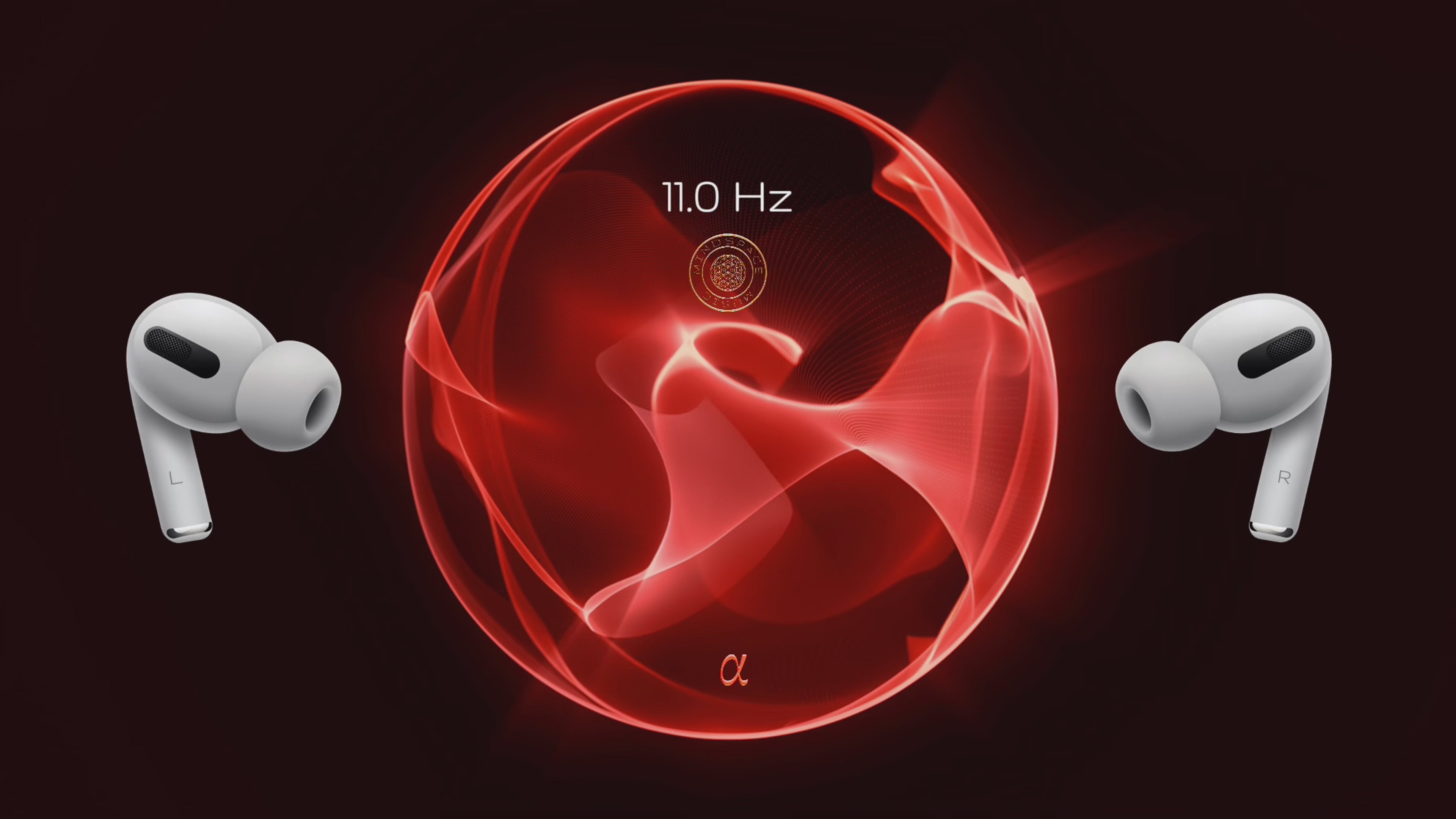 Load video: 11.0 Hz Alpha Frequency soundscape visualised as a warm, flowing red waveform, accompanied by wireless earbuds. Represents calm focus, meditative awareness, and a balanced state of relaxed alertness, inviting the listener to settle into present moment clarity
