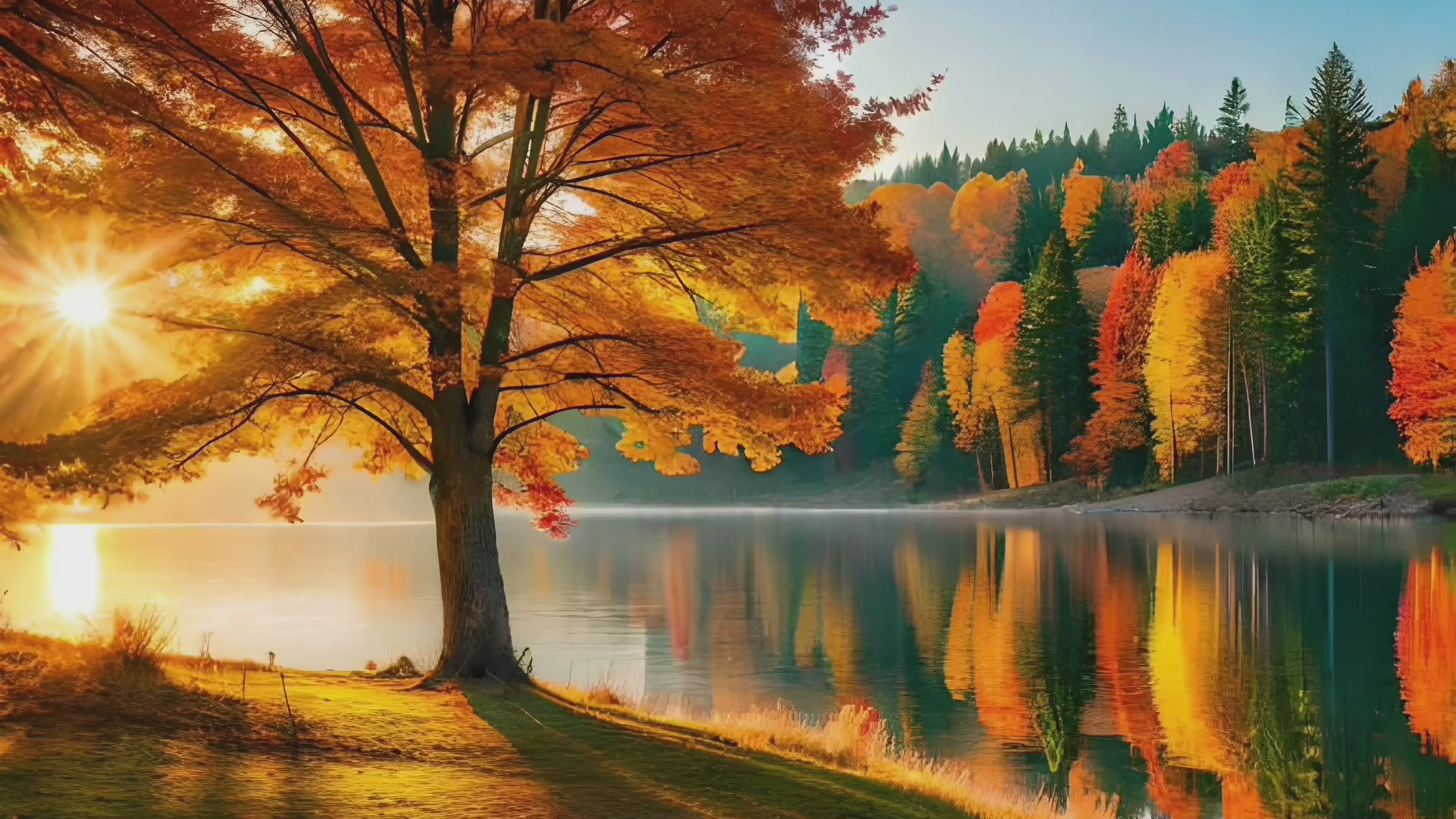 Load video: Video of Golden autumn trees reflected in a still lake, as sunlight filters through amber leaves in a peaceful forest landscape. Shades of Autumn Music excerpt