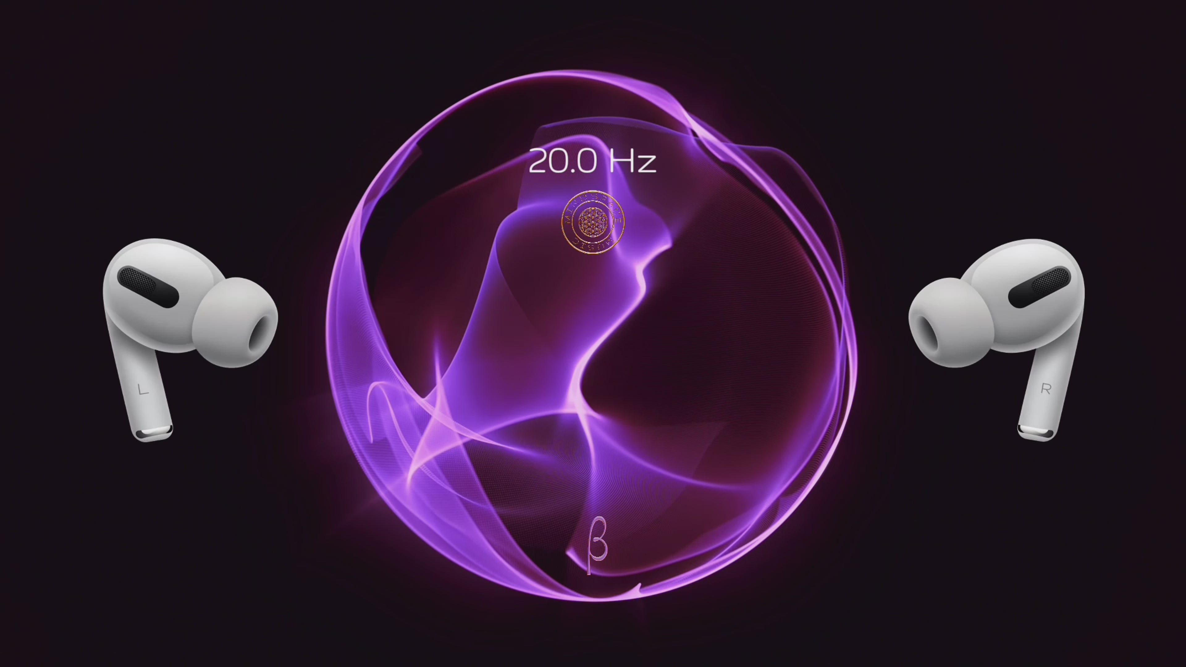Load video: 20.0 Hz Beta Frequency soundscape visualised as a vibrant, purple waveform, accompanied by wireless earbuds. Represents heightened focus, cognitive clarity, and mental alertness, inviting the listener into a state of sharp, wakeful attention