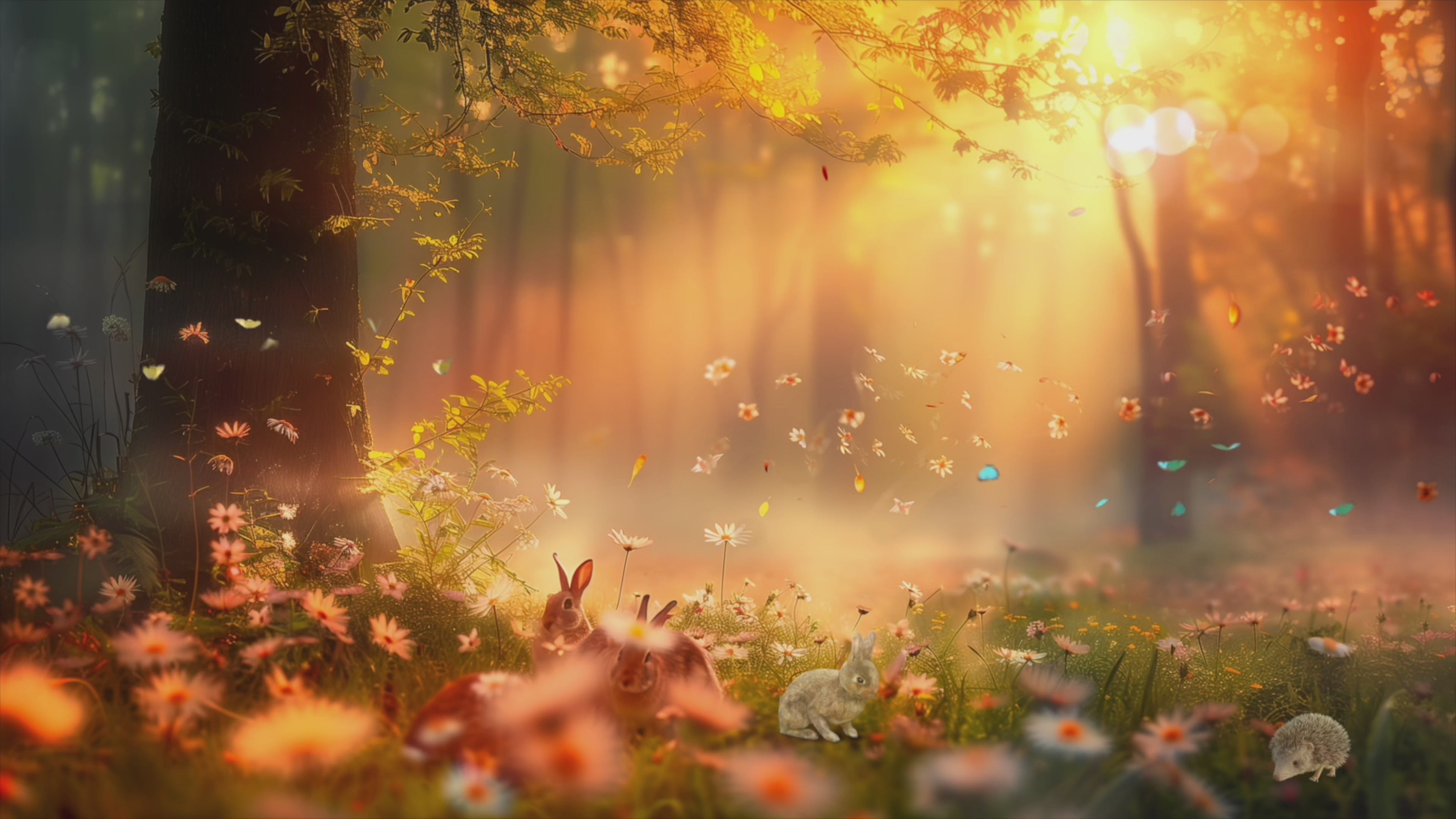 Load video: Video of Meadow creatures bathed in golden morning light, as rabbits rest among wildflowers beneath a glowing forest canopy. Secrets of Summer Music excerpt