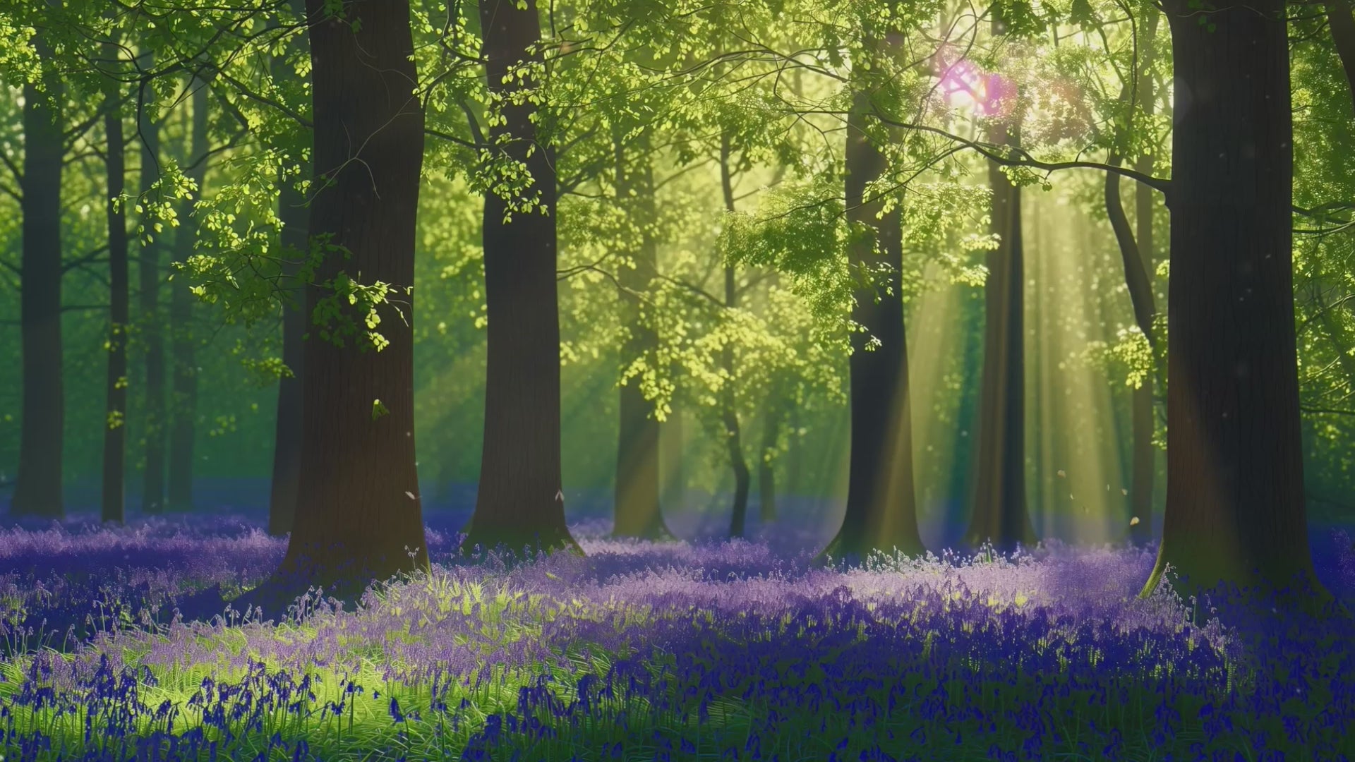 Load video: Sunlight streams through tall woodland trees onto a forest floor blanketed with blooming bluebells. Music for Springtime