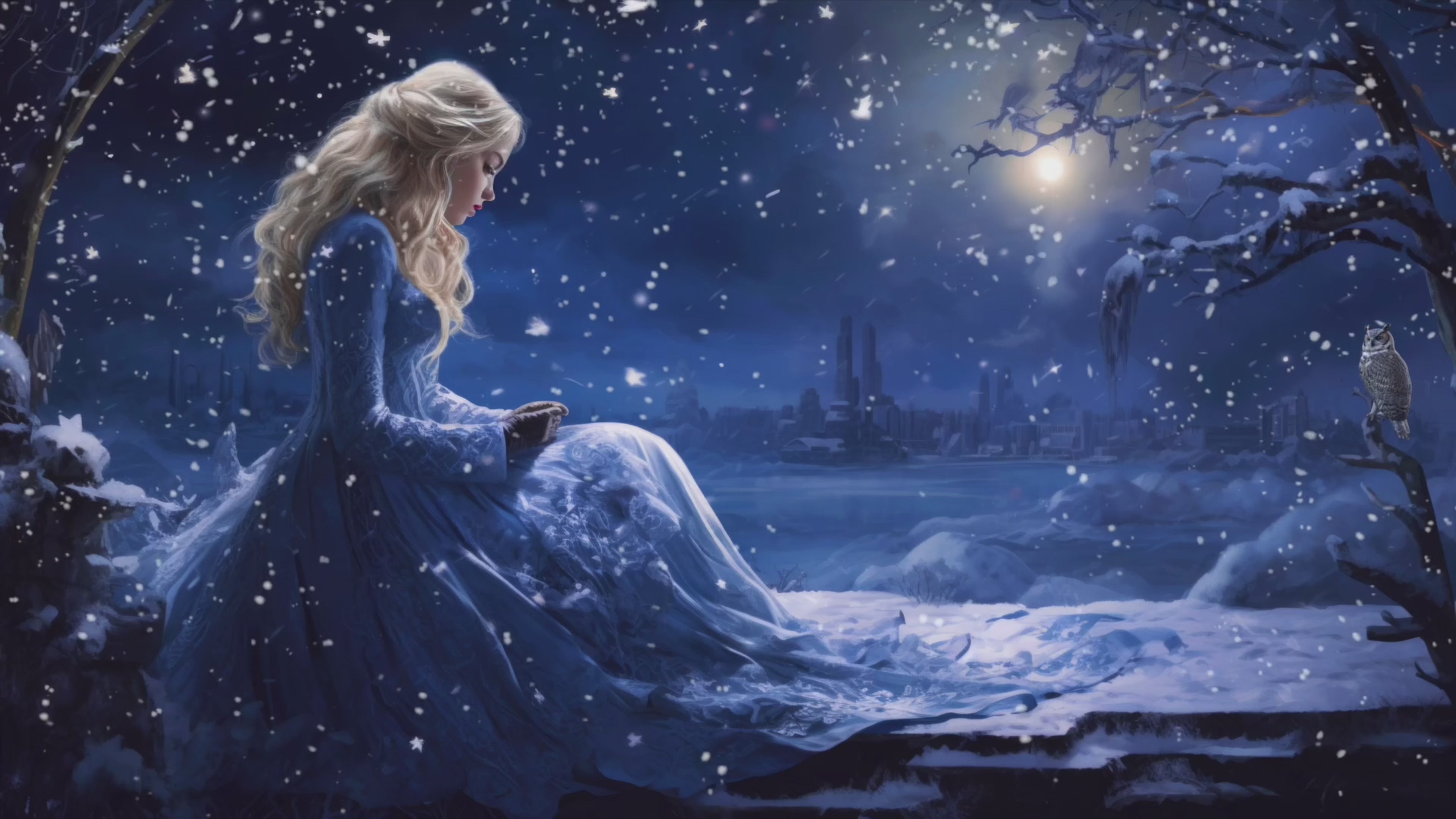 Load video: Video of princess in a flowing blue gown sits quietly in falling snow, gazing down with a sense of stillness and reflection, as a moonlit winter city glows softly in the distance. Tales of Winter Music excerpt