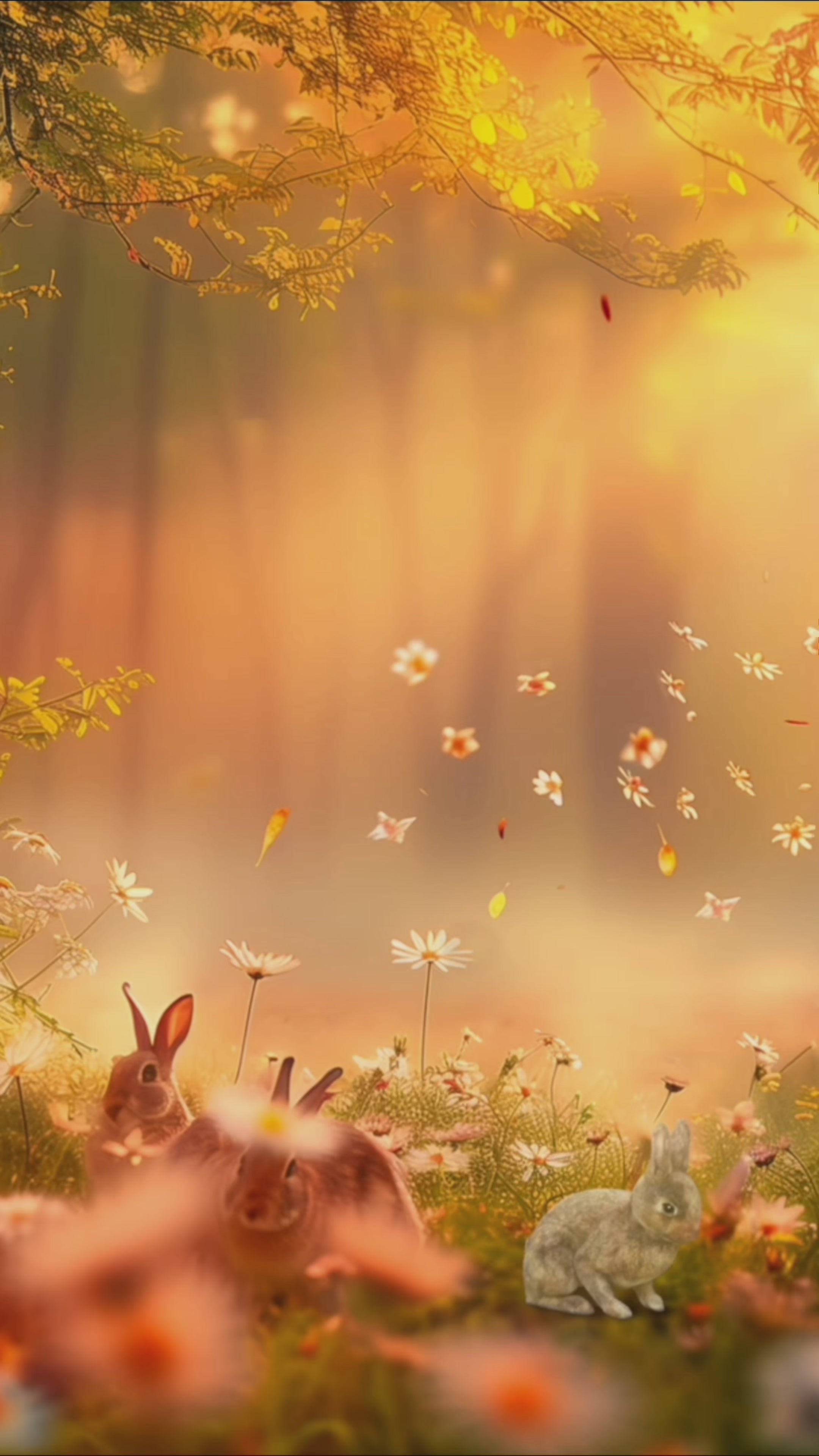 Load video: Video of Meadow creatures bathed in golden morning light, as rabbits rest among wildflowers beneath a glowing forest canopy. Secrets of Summer Music excerpt