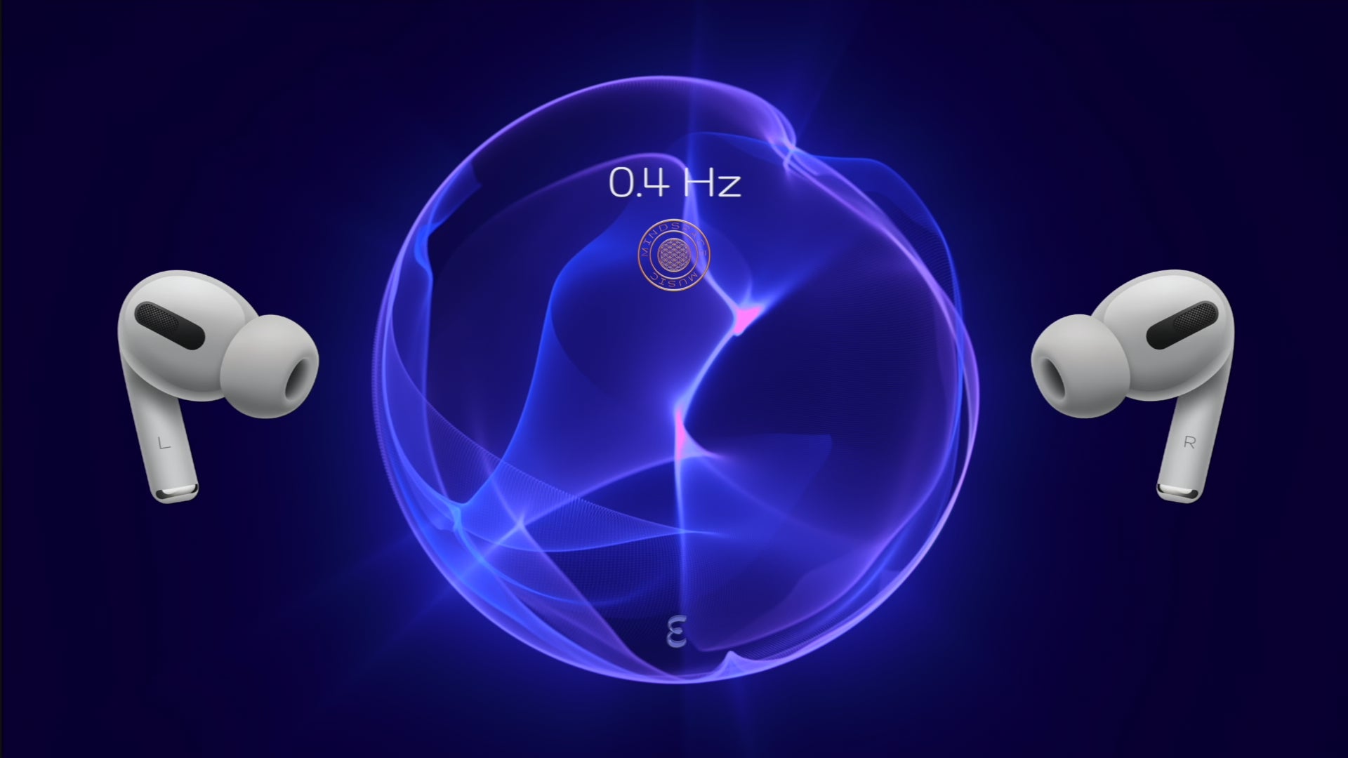 Load video: 0.4 Hz Epsilon Frequency soundscape visualised as a tranquil blue waveform, accompanied by wireless earbuds. Represents deep meditative states, inner stillness, and profound relaxation, inviting the listener to connect with the calm rhythm of the mind