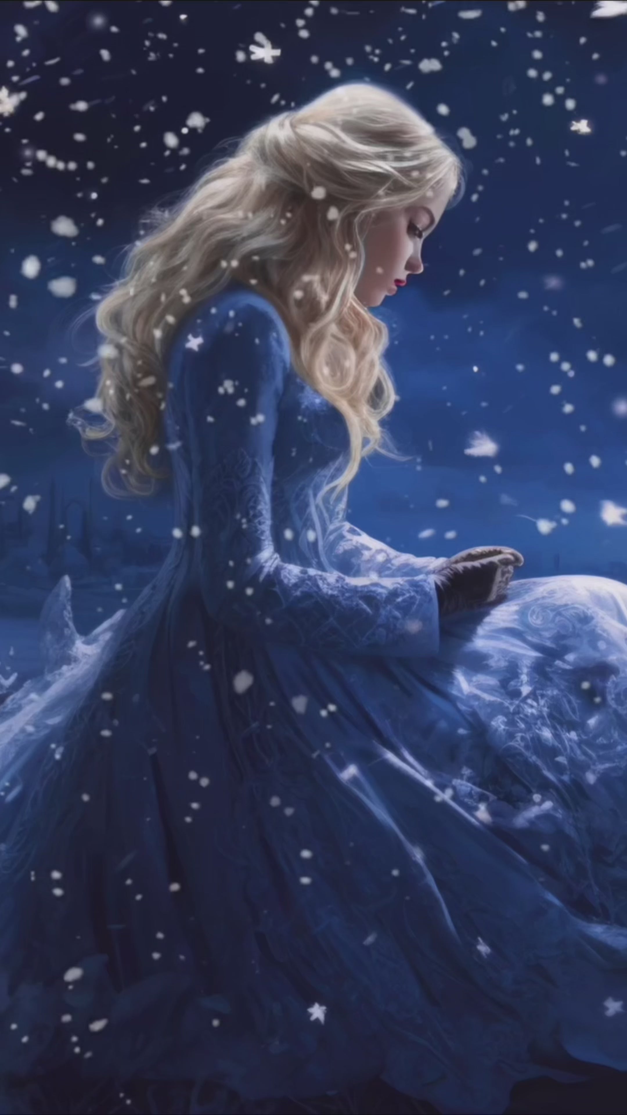 Load video: Video of princess in a flowing blue gown sits quietly in falling snow, gazing down with a sense of stillness and reflection, as a moonlit winter city glows softly in the distance. Tales of Winter Music excerpt