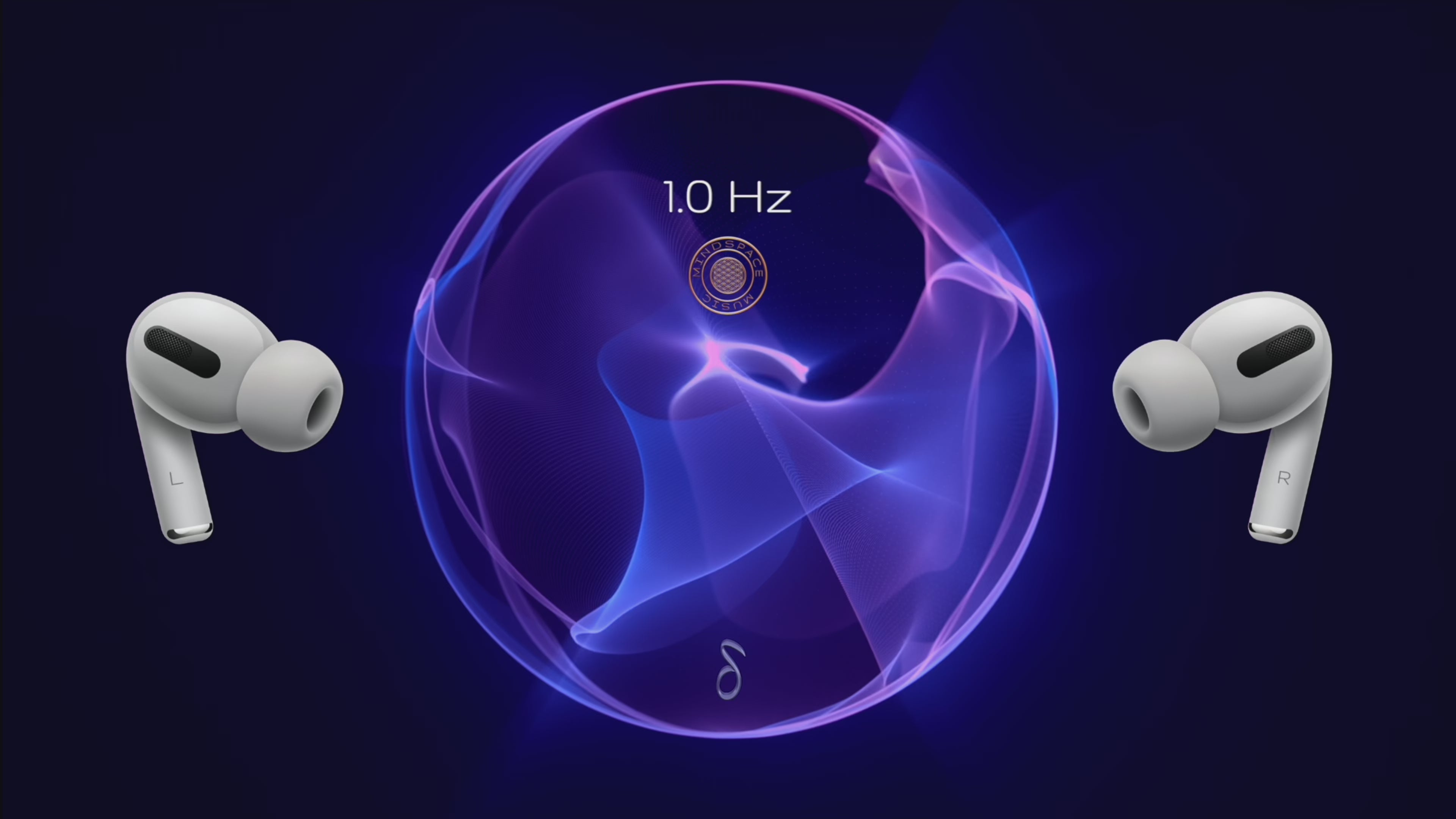 Load video: 1.0 Hz Delta Frequency soundscape visualised as a serene, purple-blue waveform, accompanied by wireless earbuds. Represents deep sleep, subconscious healing, and the gentle rhythm of restorative rest, inviting the listener to drift into profound relaxation