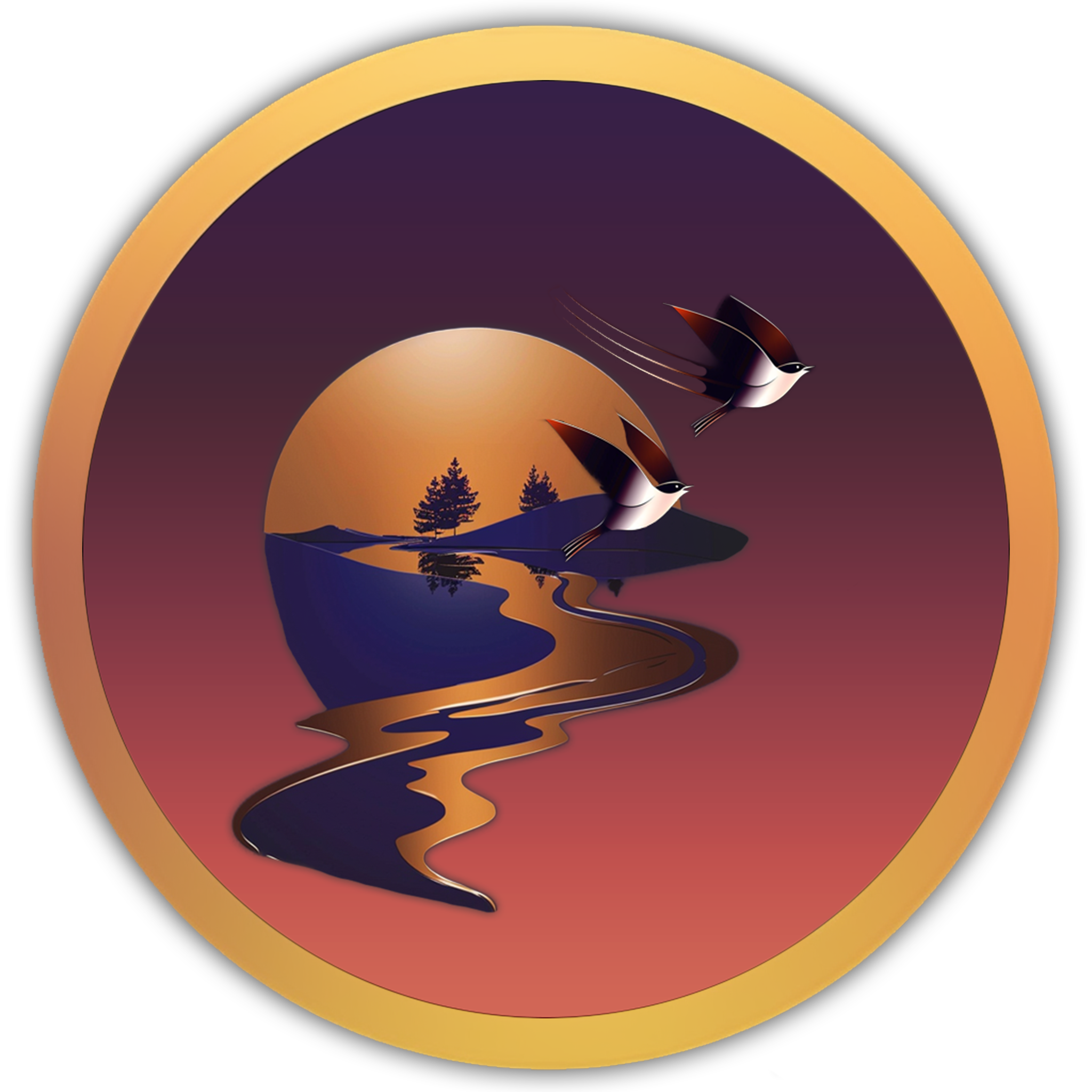 Icon of a flowing stream with flying birds, blending gentle water movement with birdsong