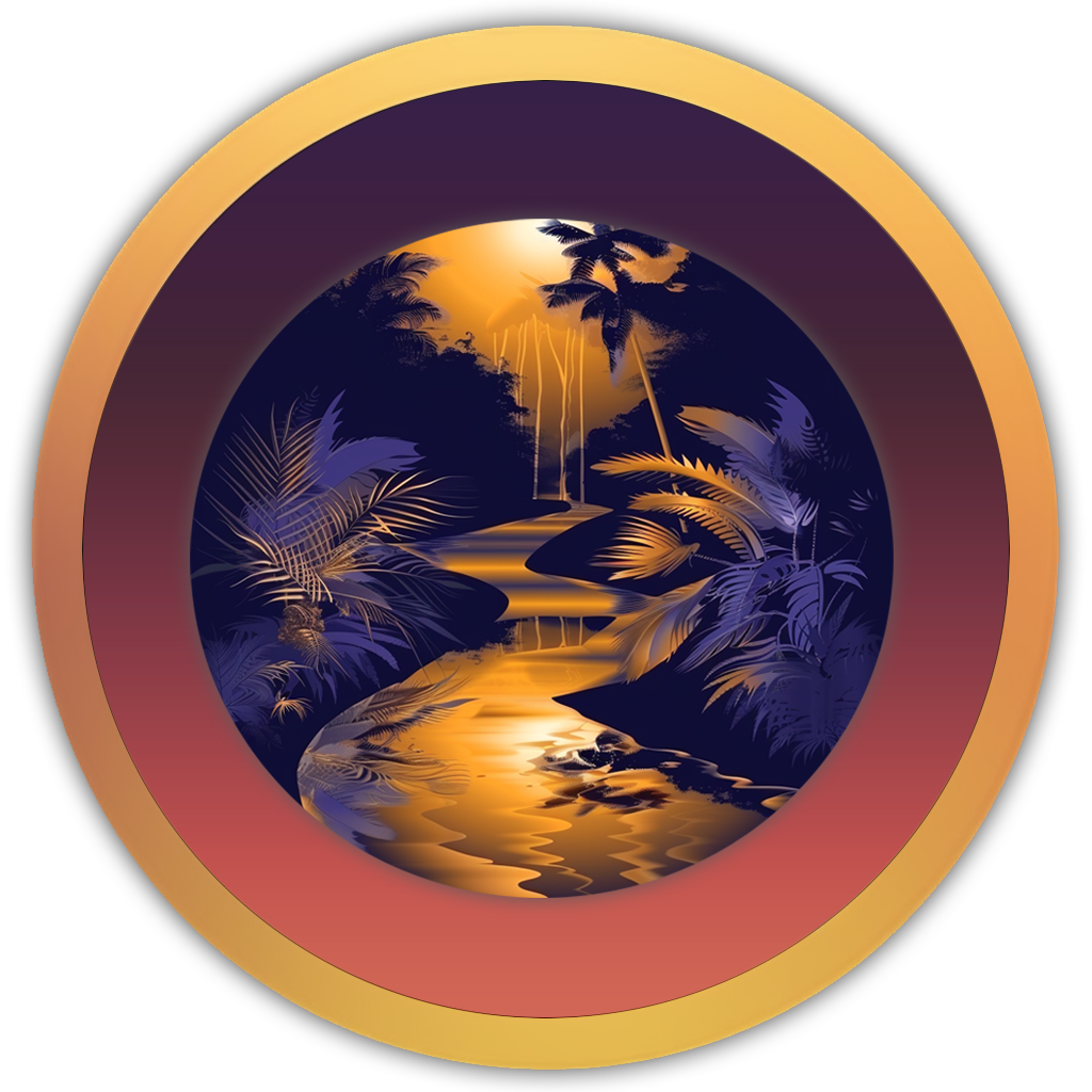 Icon of a rainforest stream surrounded by lush trees, representing immersive tropical water ambience