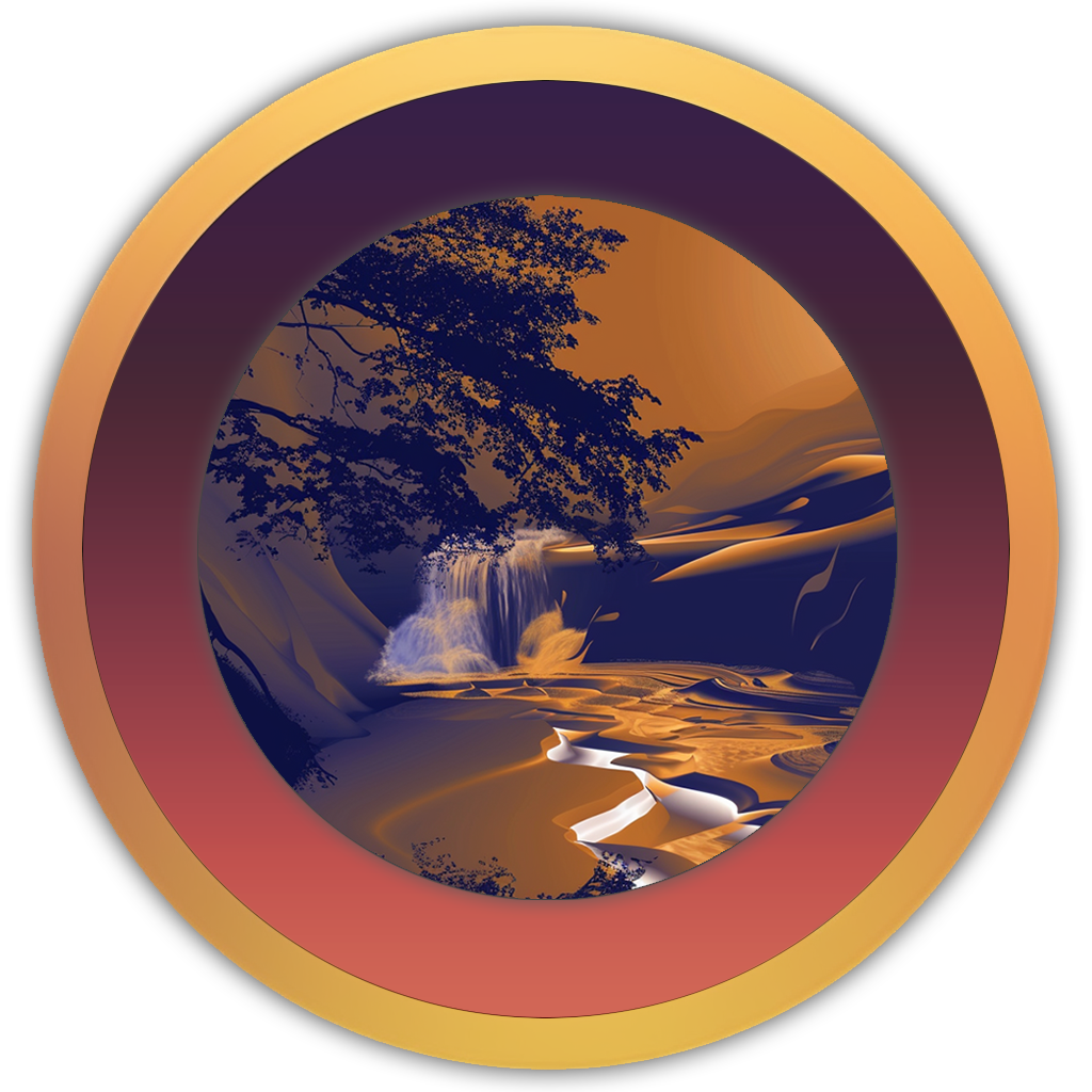 Icon of fast-flowing rapids under a glowing sky, evoking the sound of lively water energy