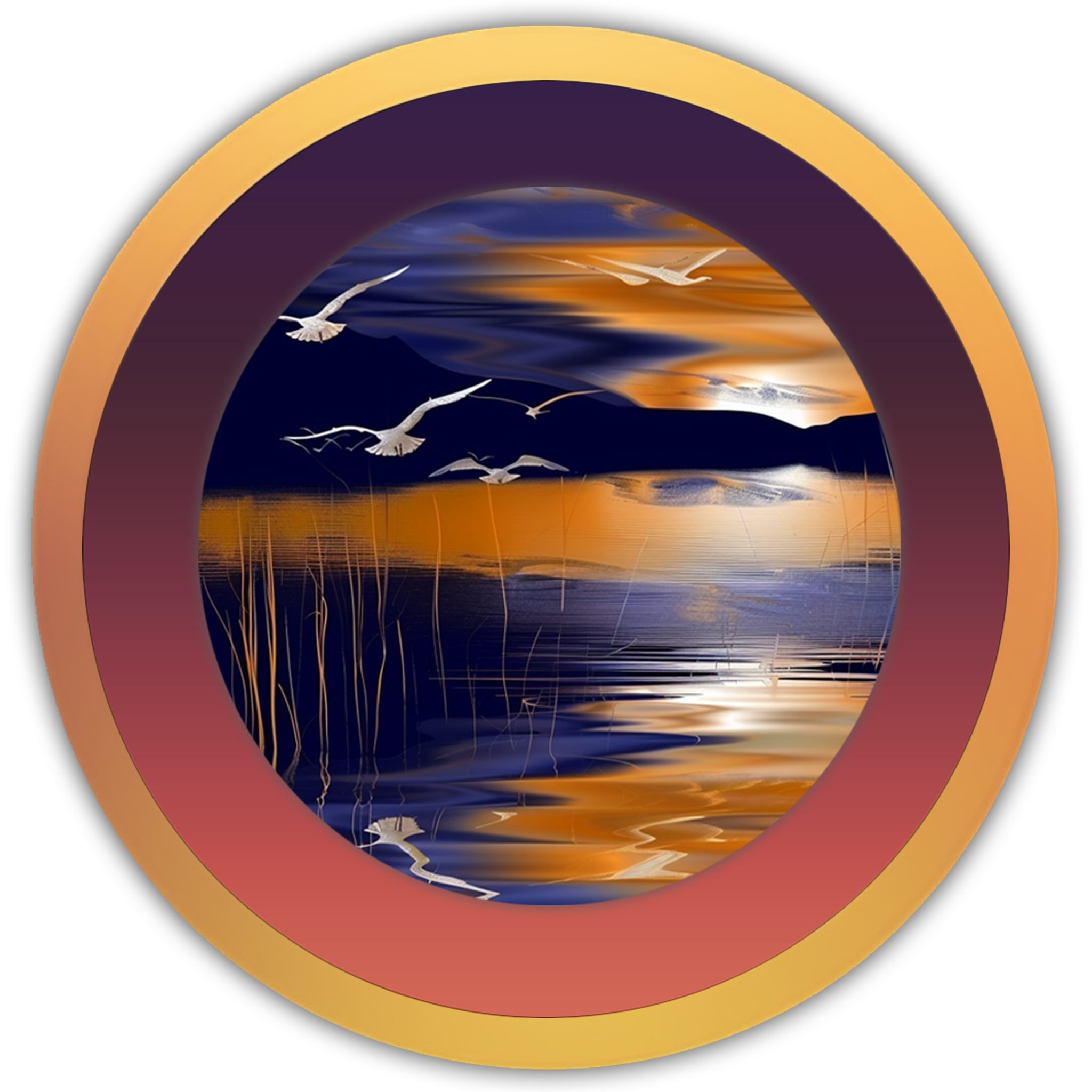 Icon of seagulls gliding above a quiet lake at dusk, representing peaceful bird and water harmony