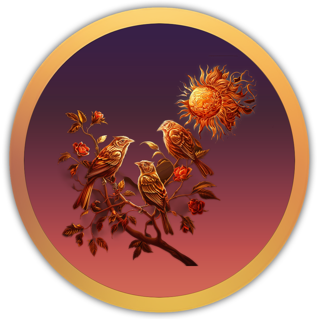 Icon of birds among sunlit leaves, representing cheerful birdsong on a warm summer afternoon
