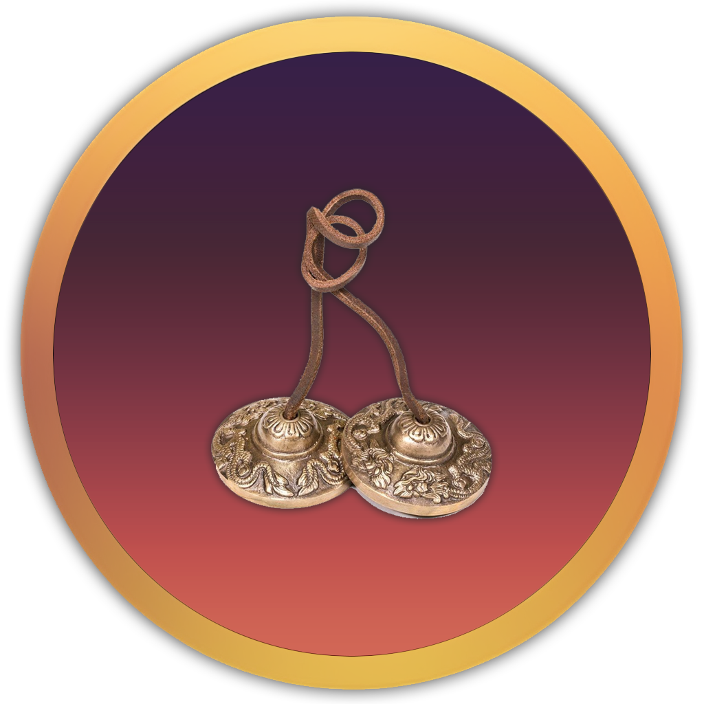 Icon of paired Tingsha bells, representing crisp, clarifying tones used in Tibetan rituals