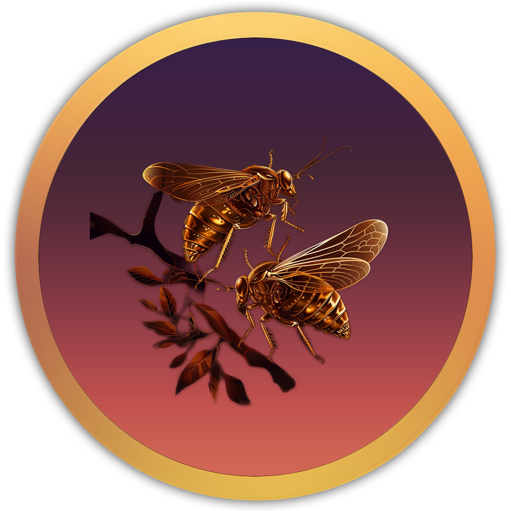 Icon of cicadas on a branch, representing the hypnotic, high-pitched sound of heat and dusk