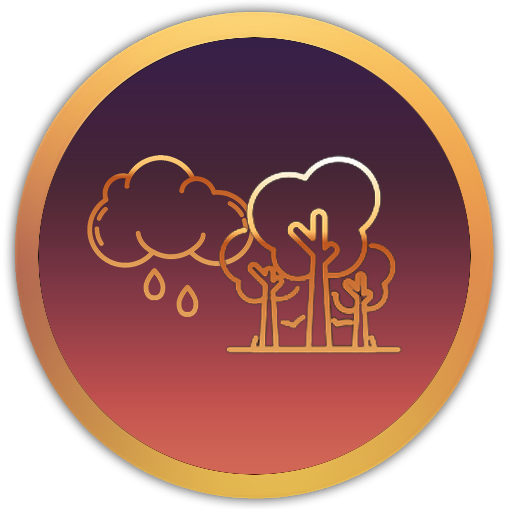 Icon of rain falling over trees, symbolising rainfall in a peaceful woodland setting.