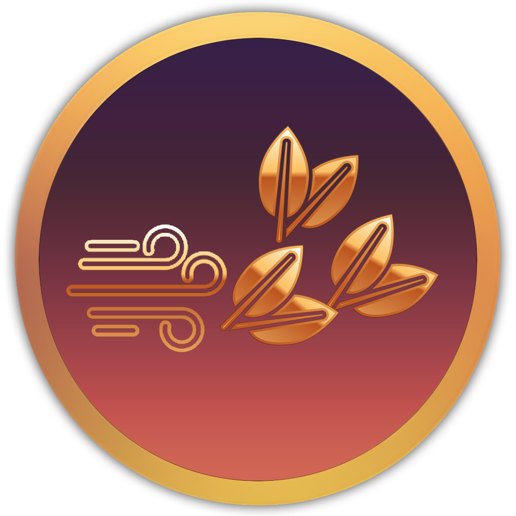 Icon of wind swirling through falling leaves, evoking the sound of rustling foliage