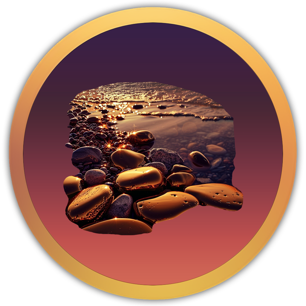 Icon of smooth pebbles on a shore, capturing the crisp sound of water over small stones
