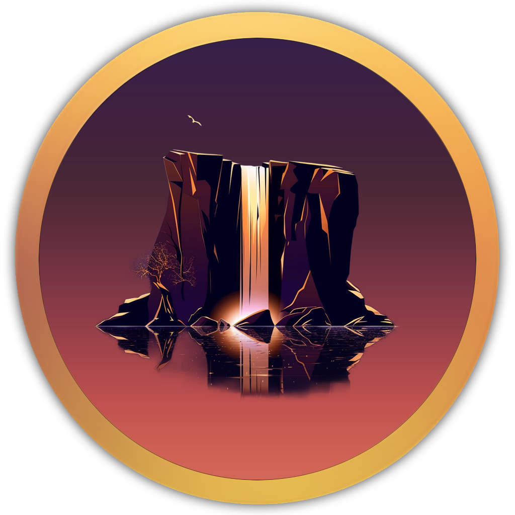 Icon of a powerful waterfall plunging into a pool, symbolising strong, grounding water energy