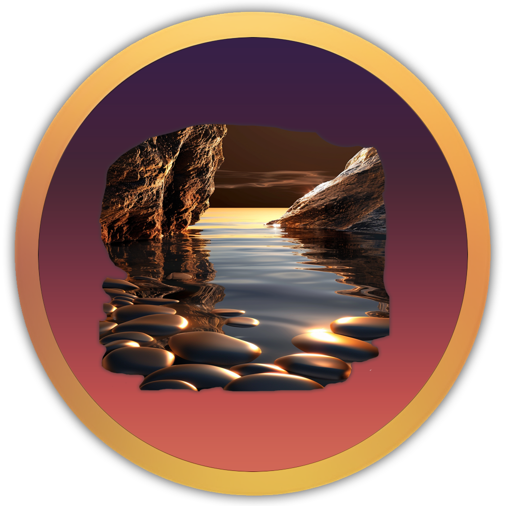 Icon of a reflective rock pool, symbolising tranquil, shallow water gently shifting over stones