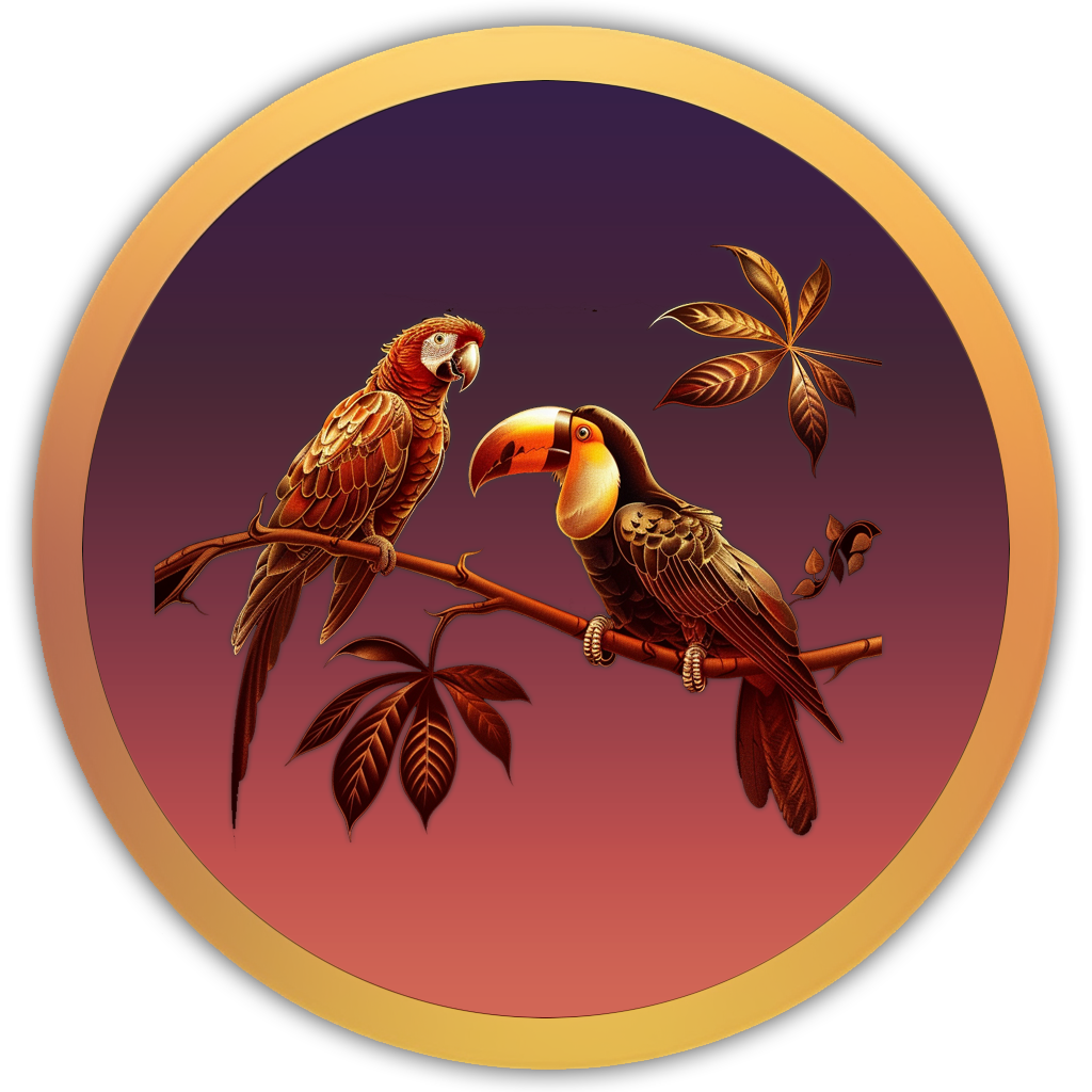 Icon of exotic birds in dense foliage, evoking vibrant forest sounds and humid jungle ambience