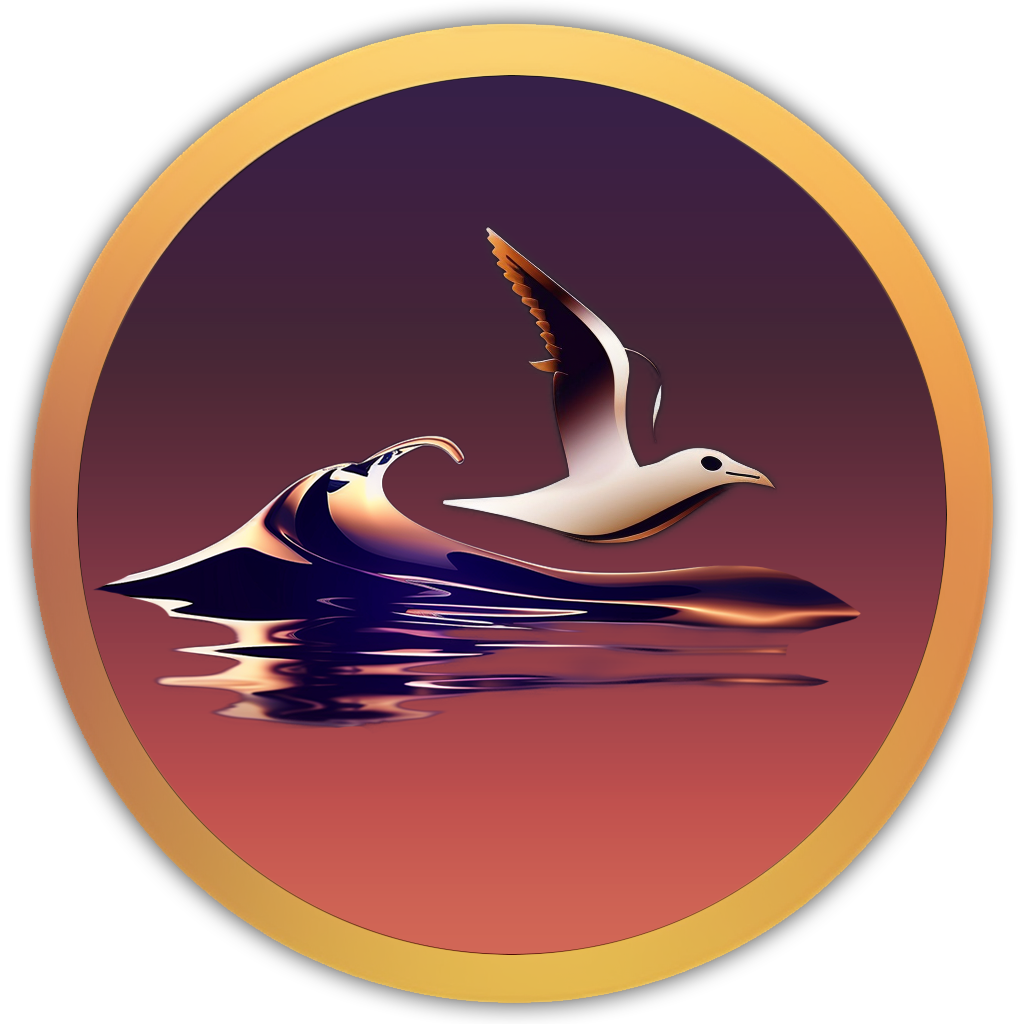 Icon of a seagull flying above the ocean, evoking the sound of waves with distant seabird calls