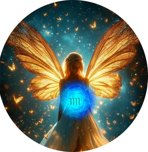 Luminous angelic figure with a centred orb at 1111 Hz, symbolising harmony, balance, and grounding, aligning the soul with angelic frequencies