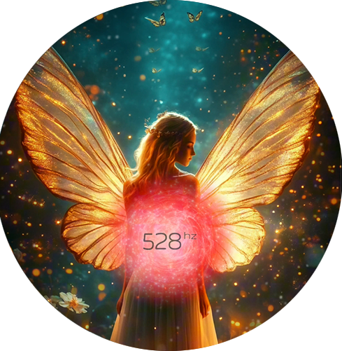 Golden angelic figure with a glowing heart centre at 528 Hz, symbolising transformation, self-healing, and radiant inner peace
