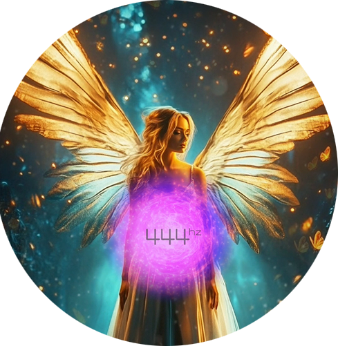 Golden angelic figure with a protective orb at 444 Hz, symbolising security, calmness, and a comforting embrace from the angelic realm